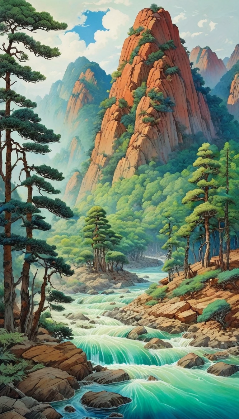Chinese landscape painting,Inspired by Wang Ximeng’s landscape paintings《A Thousand Miles of Rivers and Mountains》,
The inscription reads ((("å´»éš è€...ä¸ é ‡-å” -è´¸å²›"))),
Using Azurite,lapis lazuli,malachite,Orpiment,Limonite,Vermillion and other mineral pigments for coloring,Makes the rocks appear thick and green,Full and rich picture,The colors are rich and vivid,
The pupil under the pine tree asked,He said he went into the mountains to collect herbs. He only knew that in this mountain,But the clouds on the mountain don&#39;t know his whereabouts.,