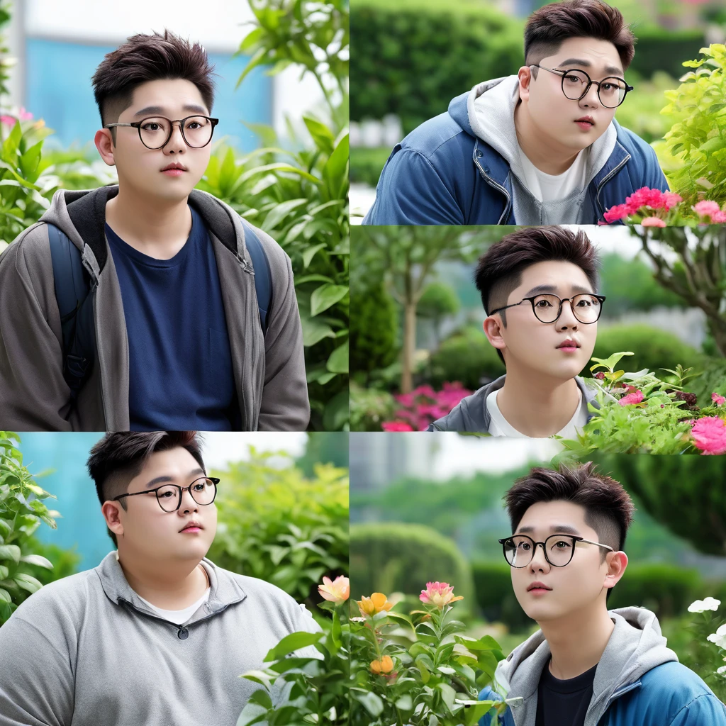 20-year-old male、Glasses、Obese、Hunchback、garden、8K Ultra HD, high quality