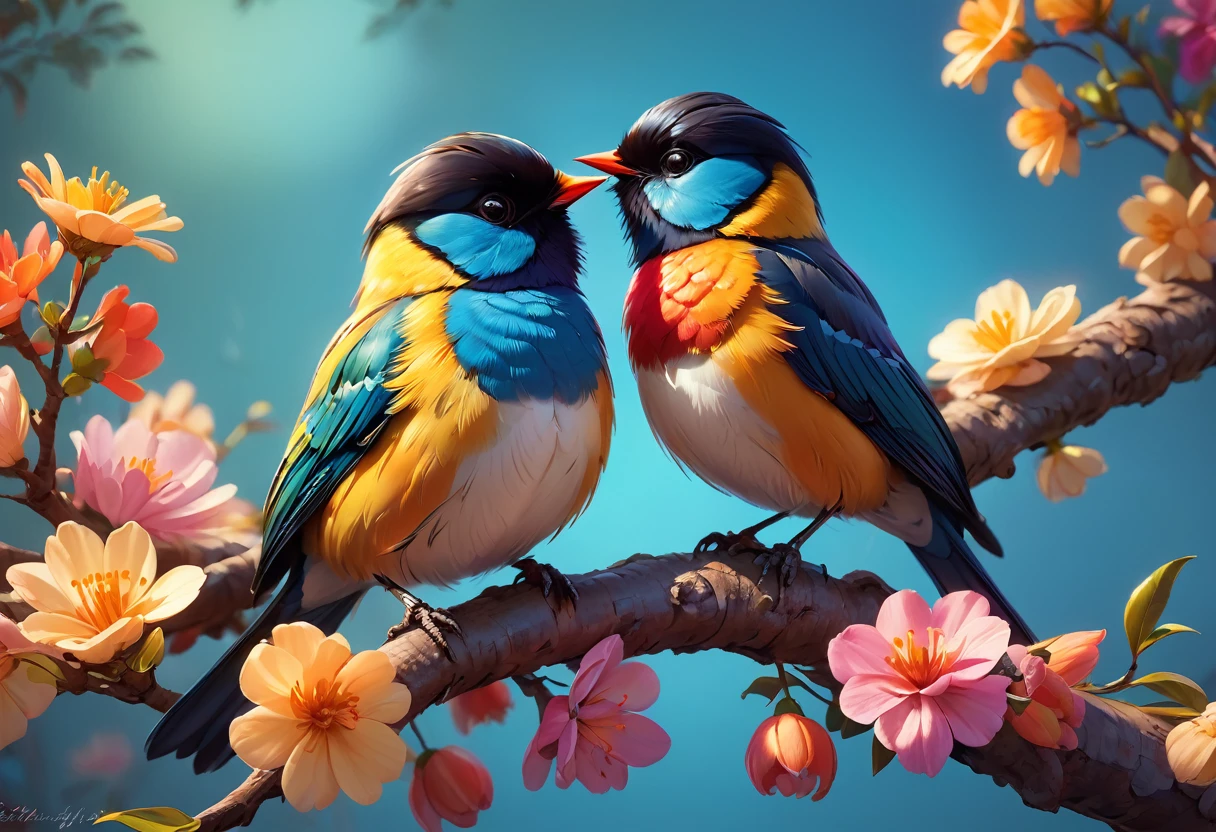 Two colorful birds perched on a tree branch with flowers in the background, Kiss on the cheek,Beautiful digital art, Colors with attention to detail, Highly detailed digital artwork, 鳥 f cgsociety, cgsociety Saturated colors, Highly detailed color low poly art, Highly detailed digital art, Vibrant and realistic colors, Beeple and Jeremiah Kettner, Colorful digital painting, Amazing digital illustrations, high quality digital painting