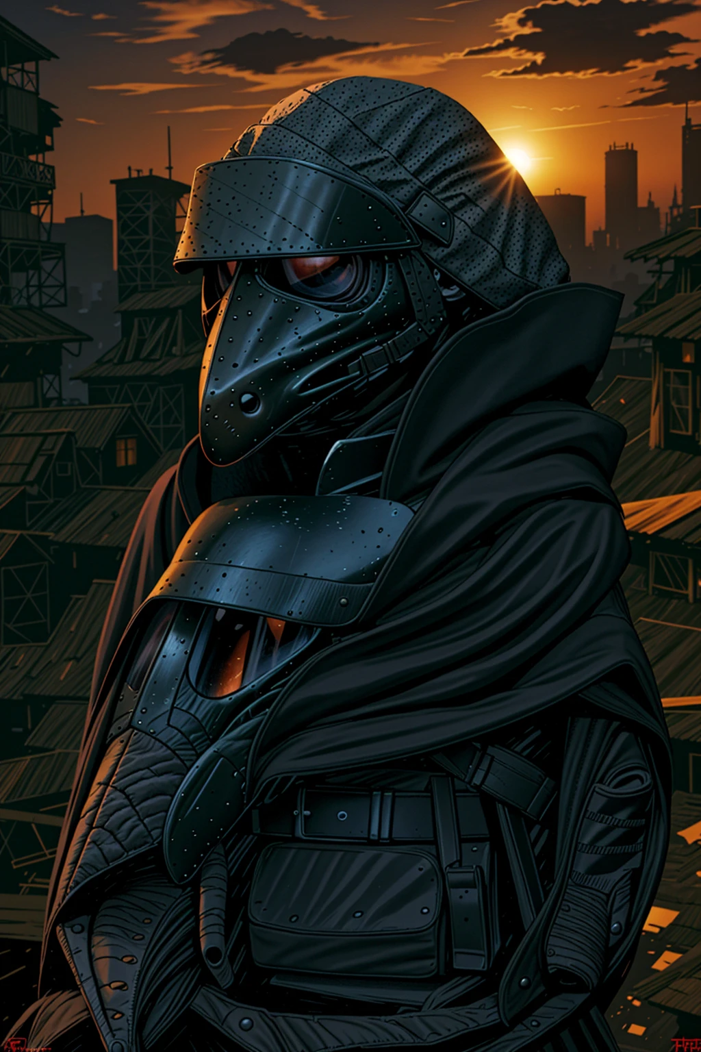 a man wearing modern military grade armor, gear belt full of gun magazines, a tattered hood over his head, wearing a plague doctor mask, a futuristic and hastily repaired semi-automatic rifle strapped over his back, a regular built body, wearing a messy black cloak, bandage wraps around his arms, in a dilapidated city, city profile, hyper-realistic, sunset, very detailed plague doctor mask over his face, standing amidst a sunset, cinematic side view, sunset in the background, bird-nosed plague doctor mask, beak-shaped mask