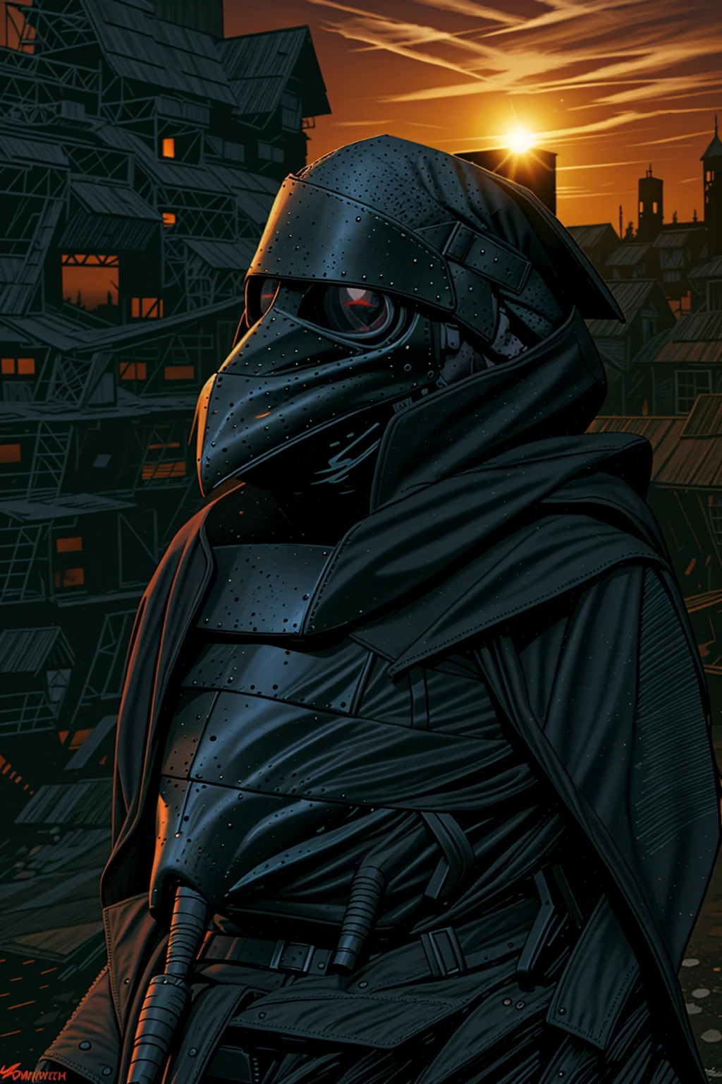 a man wearing modern military grade armor, gear belt full of gun magazines, a tattered hood over his head, wearing a plague doctor mask, a futuristic and hastily repaired semi-automatic rifle strapped over his back, a regular built body, wearing a messy black cloak, bandage wraps around his arms, in a dilapidated city, city profile, hyper-realistic, sunset, very detailed plague doctor mask over his face, standing amidst a sunset, cinematic side view, sunset in the background, bird-nosed plague doctor mask, beak-shaped mask