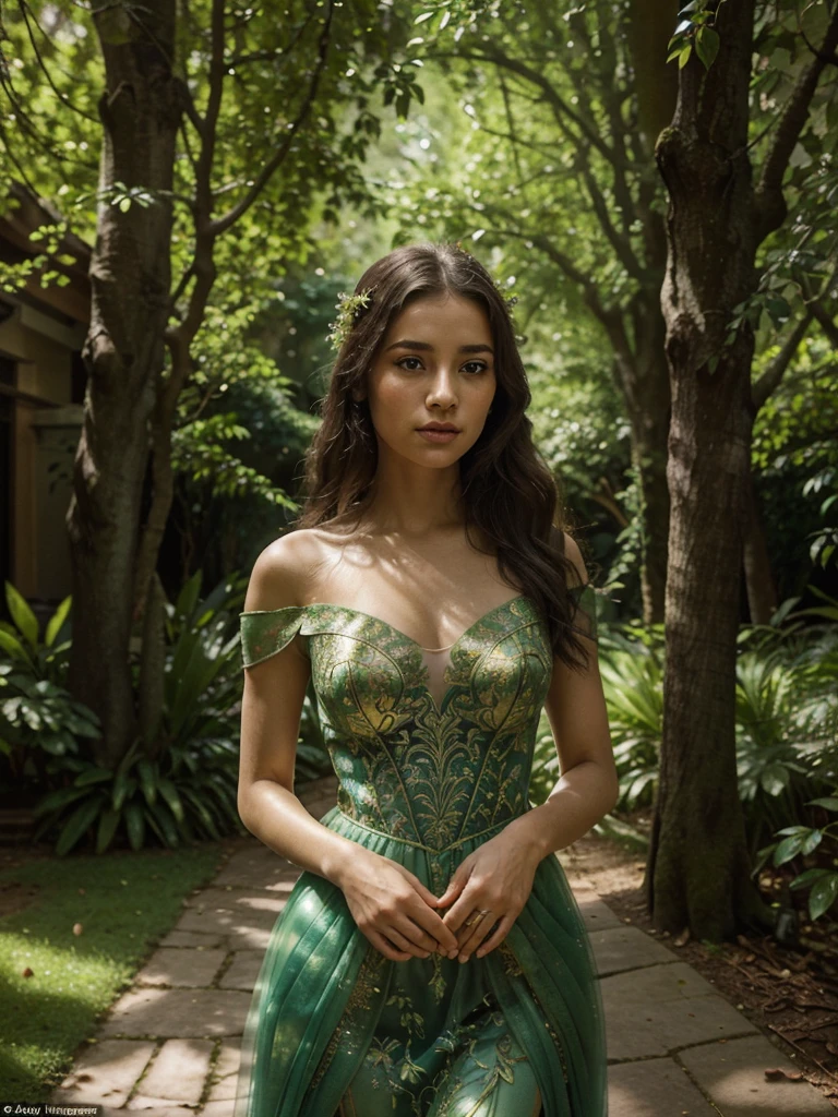 A stunningly detailed and cinematic portrait of a beautiful young woman wearing an exquisite, ethereal dress e of delicate orchid petals. The dress shimmers in the soft, dappled sunlight that filters through the lush green foliage, casting a warm, golden glow. In the background, there are branches laden with fresh cherries, and the shady environment is filled with large, vibrant green leaves. The volumetric lighting enhances the depth and detail of the scene, showcasing the intricate ornate details of the dress and the remarkable texture of the surrounding wildlife. This breathtaking 32k ultra-high-definition image captures the essence of a magical, enchanting forest., portrait photography, cinematic, wildlife photography