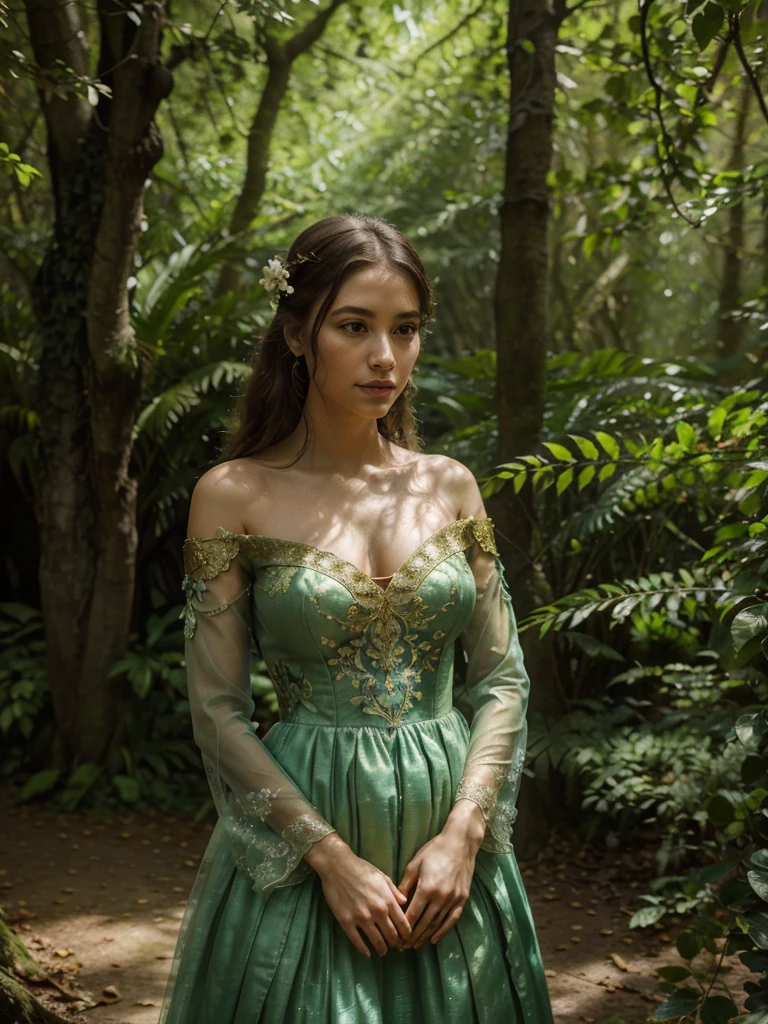 A stunningly detailed and cinematic portrait of a beautiful young woman wearing an exquisite, ethereal dress made of delicate orchid petals. The dress shimmers in the soft, dappled sunlight that filters through the lush green foliage, casting a warm, golden glow. In the background, there are branches laden with fresh cherries, and the shady environment is filled with large, vibrant green leaves. The volumetric lighting enhances the depth and detail of the scene, showcasing the intricate ornate details of the dress and the remarkable texture of the surrounding wildlife. This breathtaking 32k ultra-high-definition image captures the essence of a magical, enchanting forest., portrait photography, cinematic, wildlife photography