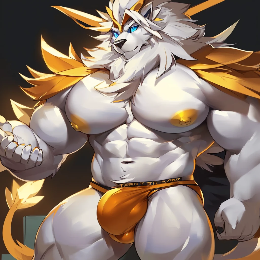 Solo, Anthro, male (((solgaleo, lion, blue sclera, muscular, big pecs, abs, yellow nipples, white fur, black body, black nose, multicolored body, multicolored fur, multicolored mane, white mane, mane, grey pecs, black chest, black abdomen, white arms, white legs, 5 fingers, tail, white tail, yellow tipped tail, markings, orange tipped mane, orange speedo, big bulge))) standing, pokemorph, biped ((focus grey abdomen, focus solgaleo, focus grey chest)) full body, perfect anatomy, by darkgem, by mystikfox61, by glitter trap boy