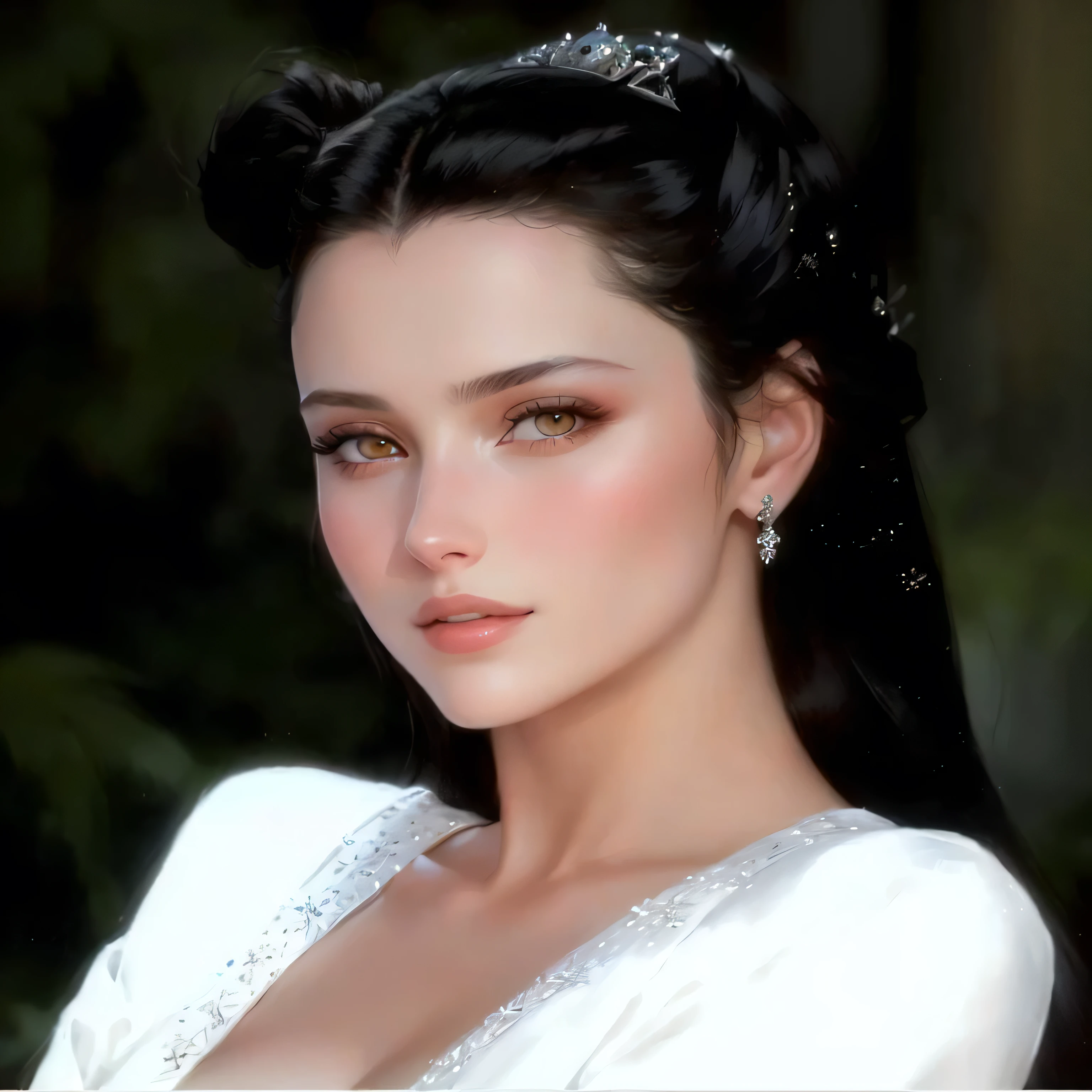 a close-up of a woman in a white dress and black hair, Ancient work of art! portrait of arwen, young arab Monica Belluci, anastasia ovchinnikova, beautiful caitriona balfe, yelena belova, kaya scodelario, Scarlett's Heads, Catarina, angelina stroganova, Direction: Olga Rozanova
