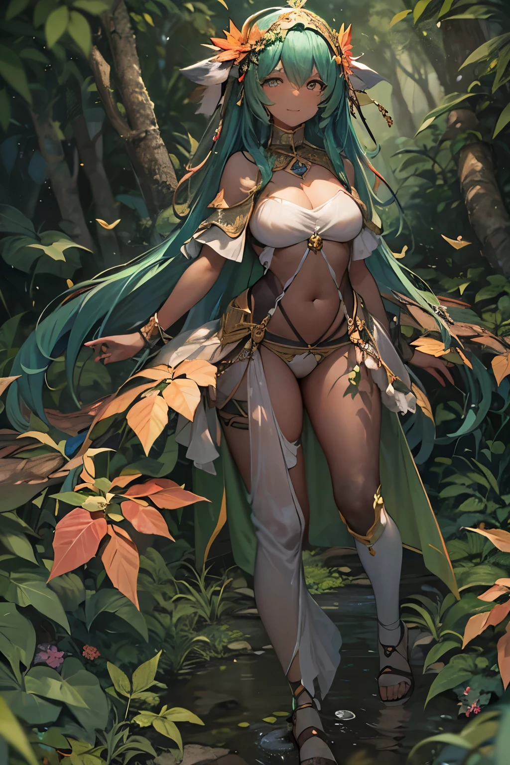 fantasy, 1forest_elemental_girl, (dark_skin)0.9, (using_leaves_clothes, green_leaves_covered_breasts, leaves_covered_pussy),large_breasts, walking, (smile, sleepy)+, medium_hair, navel, oil, (winding_vine_around_torso)++, forest_background, leaves_headgear, green_leaves_cape,armpits, spread_arms, large_staff, thighhighs, plump,