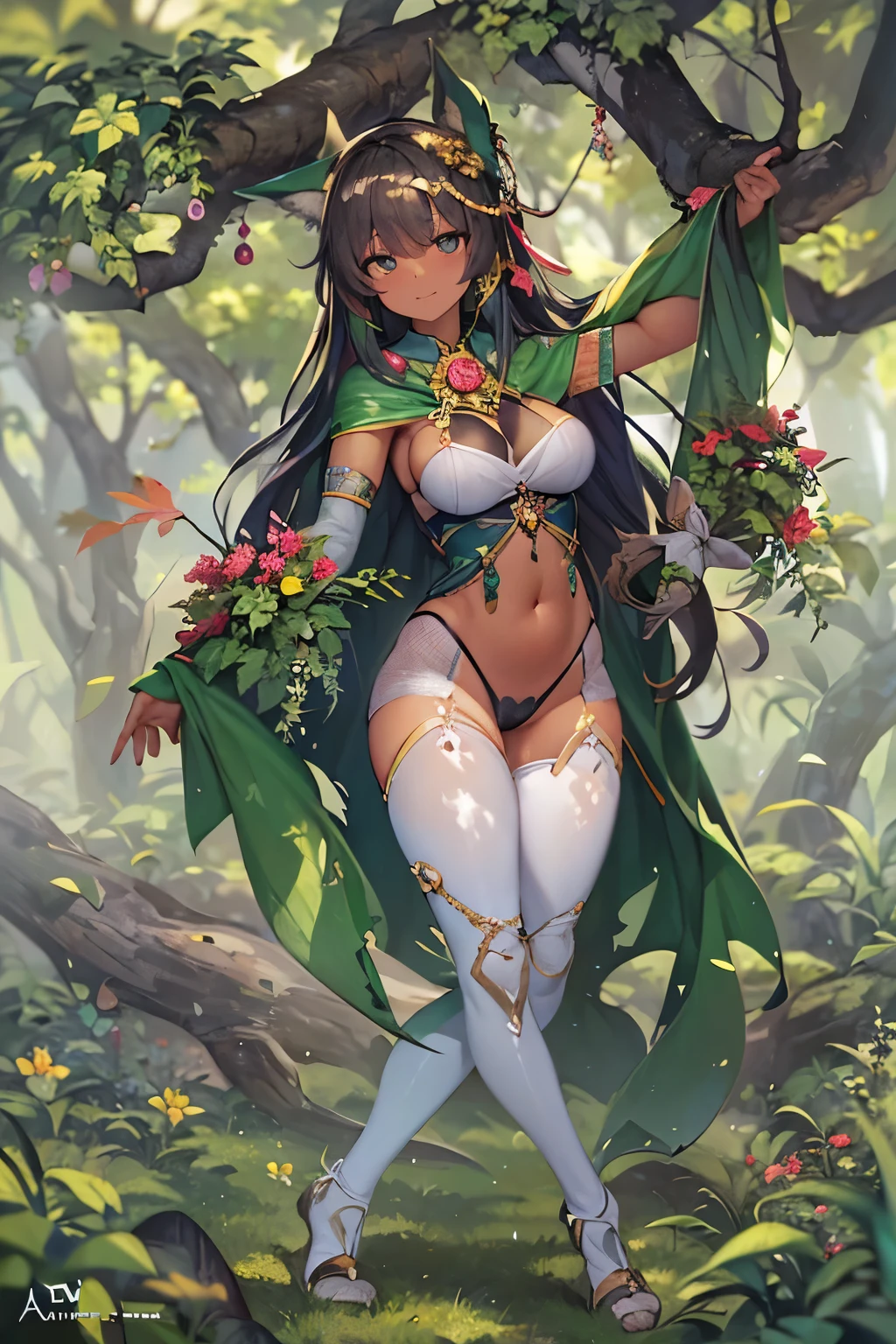 fantasy, 1forest_elemental_girl, (dark_skin)0.9, (using_leaves_clothes, green_leaves_covered_breasts, leaves_covered_pussy),large_breasts, walking, (smile, sleepy)+, medium_hair, navel, oil, (winding_vine_around_torso)++, forest_background, leaves_headgear, green_leaves_cape,armpits, spread_arms, large_staff, thighhighs, plump,