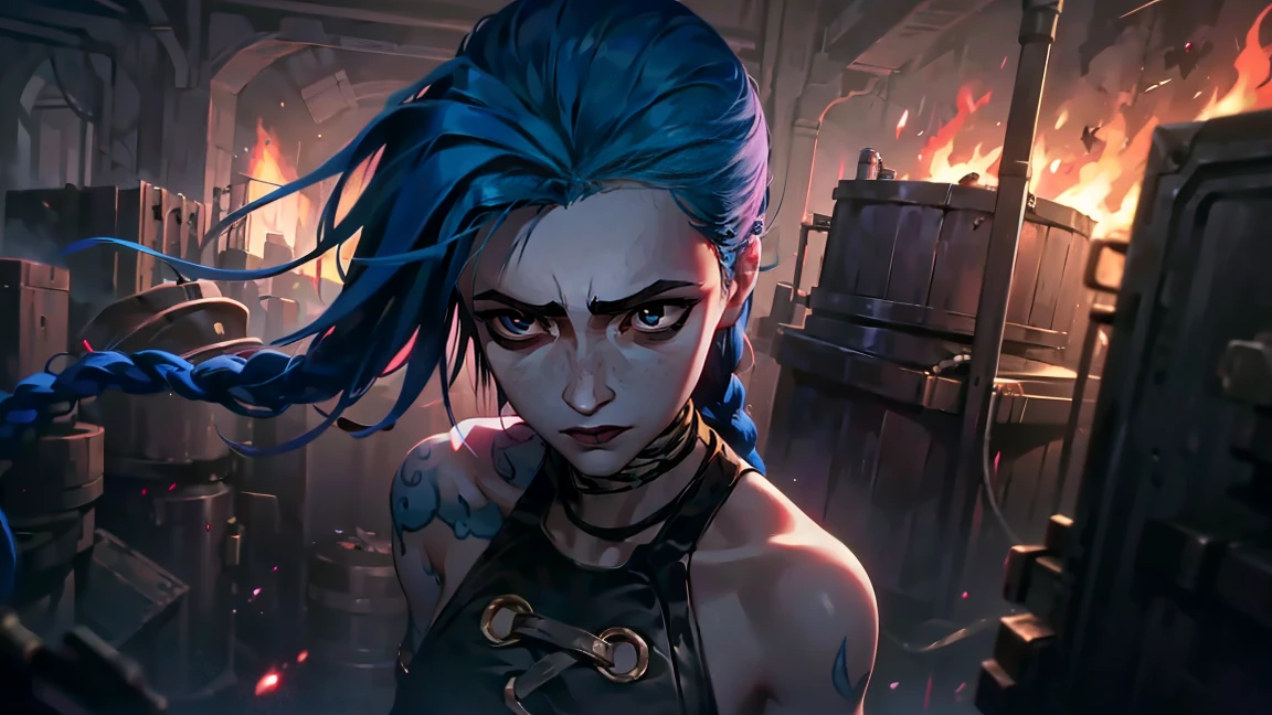 (masterpiece, Best quality), 1 girl, portrait, very sexy, crazy look, smile, crying, pink tears, tears on the cheeks, tears from eyes, full length (full body 1.1.), очень feminine, fighting stance, battle, fire, explosions, burning city, Beautiful waist, gloomy composition, flame, fire, Flash, very beautiful, feminine, long hair, hair braided in long braids, very sexy, tight leather pants, emphasis on the eyes, emphasis on the face, Beautiful face, Hands, Hair, Haired ponytail, red purple eyes, Джинкс crying, Blue cloud tattoo, (masterpiece, Best quality), Side lighting, beautiful detailed eyes, crazy face), (Best quality), (masterpiece), magic photography, Spectacular lighting, Photorealism, ultra detailed, интимная portraitная композиция, 1. 4,8 k UHD, aesthetic, Cd., A high resolution, 8 k, better lighting, Best shade, Ultra-HD, A high resolution, sharp focus, Complex background, Cinematic lighting, ((Landscape view)), 4K block, (better lighting), ((Cinematic lighting)),