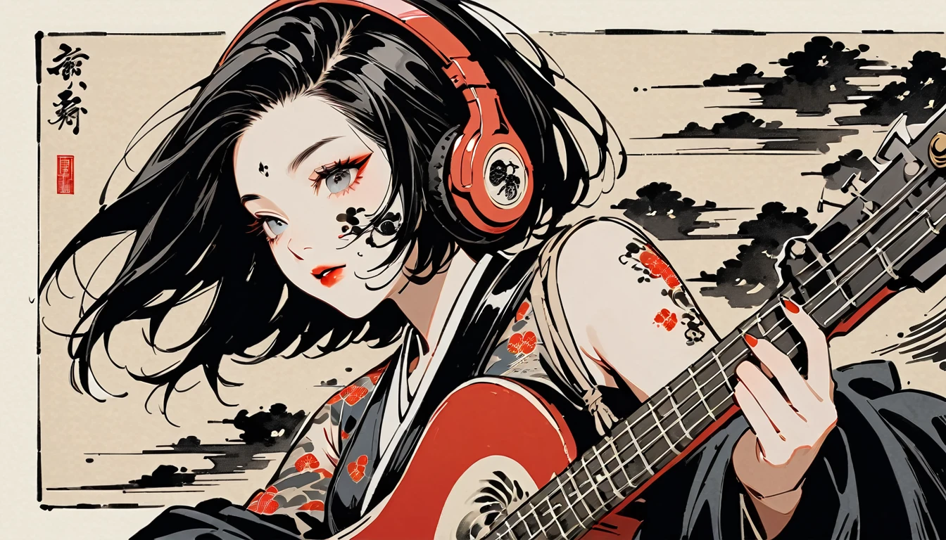 Ink Painting, (((1 girl))), (((Tattoo on face))), Japanese style headphones, Crazy beautiful girl, Black Hair, Delicate and precise, Modern ukiyo-e style, Has bass