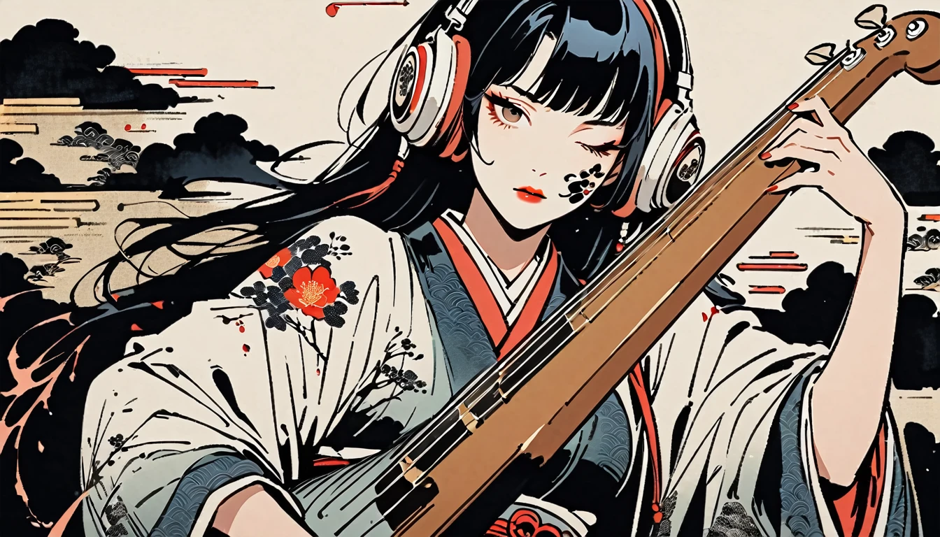 Ink Painting, (((1 girl))), (((Tattoo on face))), Japanese style headphones, Crazy beautiful girl, Black Hair, Delicate and precise, Modern ukiyo-e style, Has bass