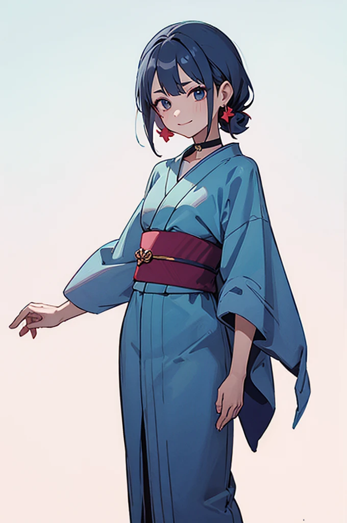 Blue and green yukata、Red and blue hair、Shoulders are out、Mischievous face、Choker on neck、Big earrings、The earrings are red、Arms crossed、Only the mouth is smiling、Straw sandals、Choker on right leg(whole body、Are standing、、White background)