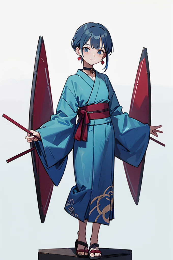Blue and green yukata、Red and blue hair、Shoulders are out、Mischievous face、Choker on neck、Big earrings、The earrings are red、Arms crossed、Only the mouth is smiling、Straw sandals、Choker on right leg(whole body、Are standing、、White background)