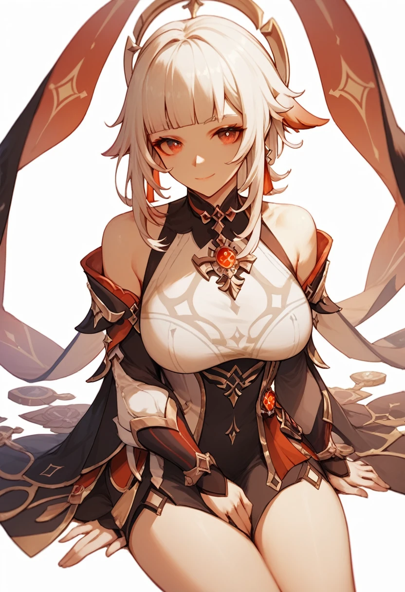 flat color, 1girl, solo, white hair, red eyes, sitting, white background, , looking at viewer, smile, blunt bangs, looking at viewer, closed mouth, genshin impact clothes, large breast,