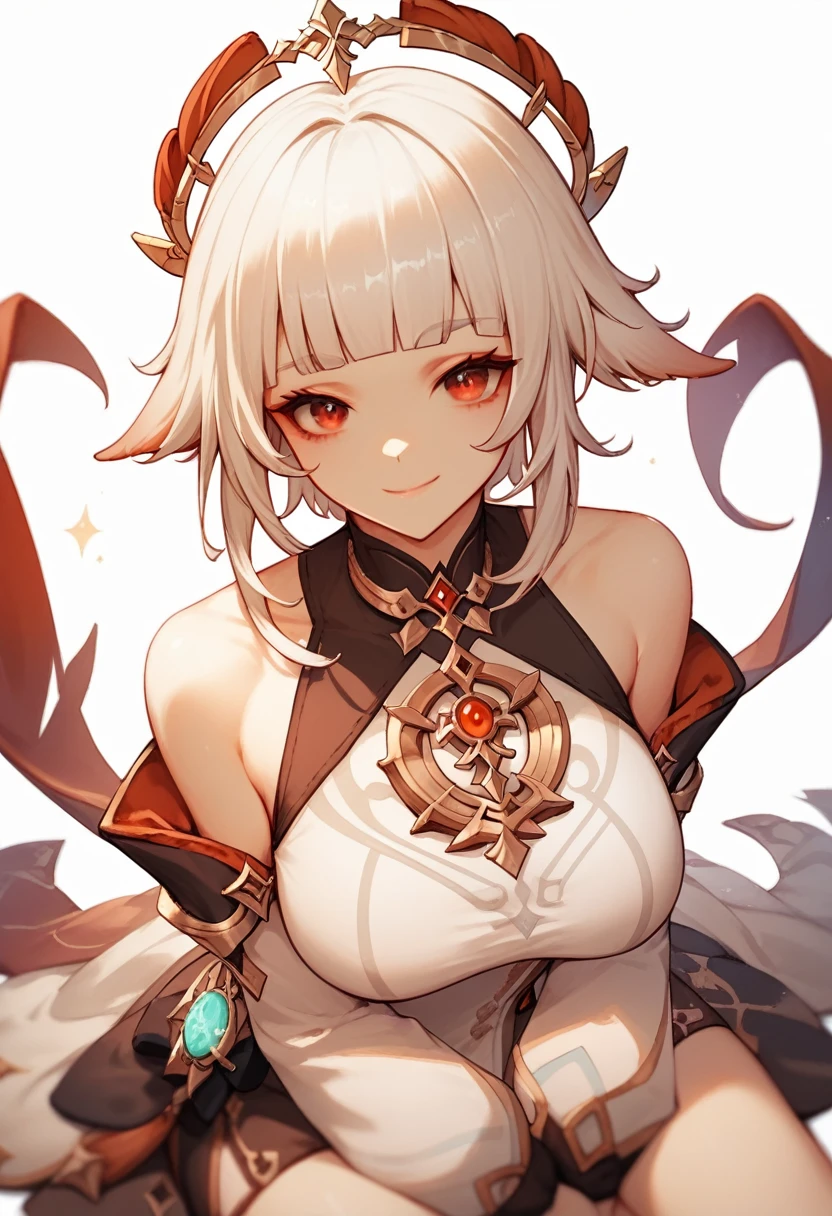 flat color, 1girl, solo, white hair, red eyes, sitting, white background, , looking at viewer, smile, blunt bangs, looking at viewer, closed mouth, genshin impact clothes, large breast,