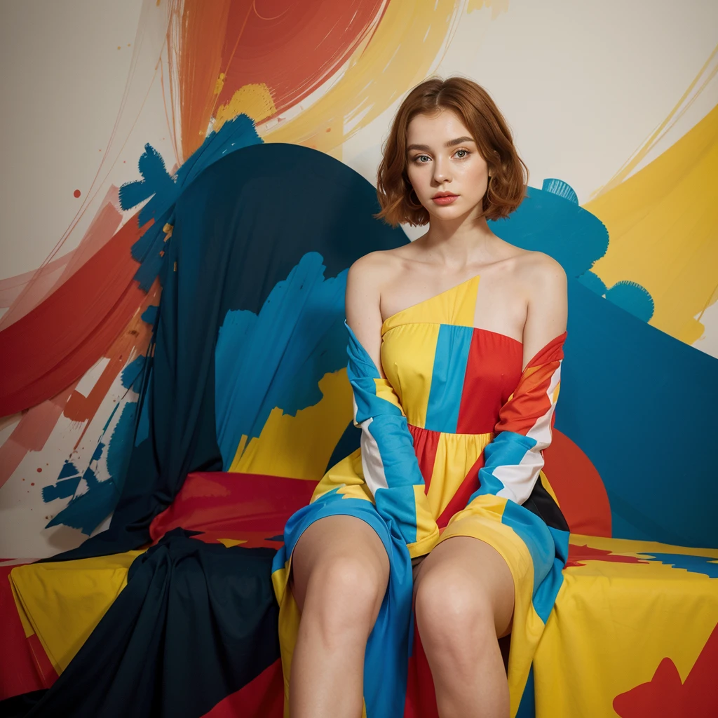 A panoramic photo featuring a woman sitting in front of a colorful, abstract background. She has shoulder-length, slightly wavy, bright orange hair that falls over her shoulders. Her face is delicate and even, with perfectly applied eye makeup and red lips. She looks directly at the camera with a pensive expression. The woman is wearing a striking, colorful dress in the style of abstract expressionism. The dress is made up of geometric shapes in bold colors like yellow, red, blue, and black. The dress has long sleeves and appears to reach her knees. Her left hand supports her face while her right arm rests loosely on her lap. The background consists of large abstract color fields in similar colors to the dress. These color fields are irregularly shaped and resemble a large-scale painting. The colors in the background harmonize with those of the dress, creating a visual connection between the woman and the background. The lighting in the image is soft and even, highlighting the woman.
