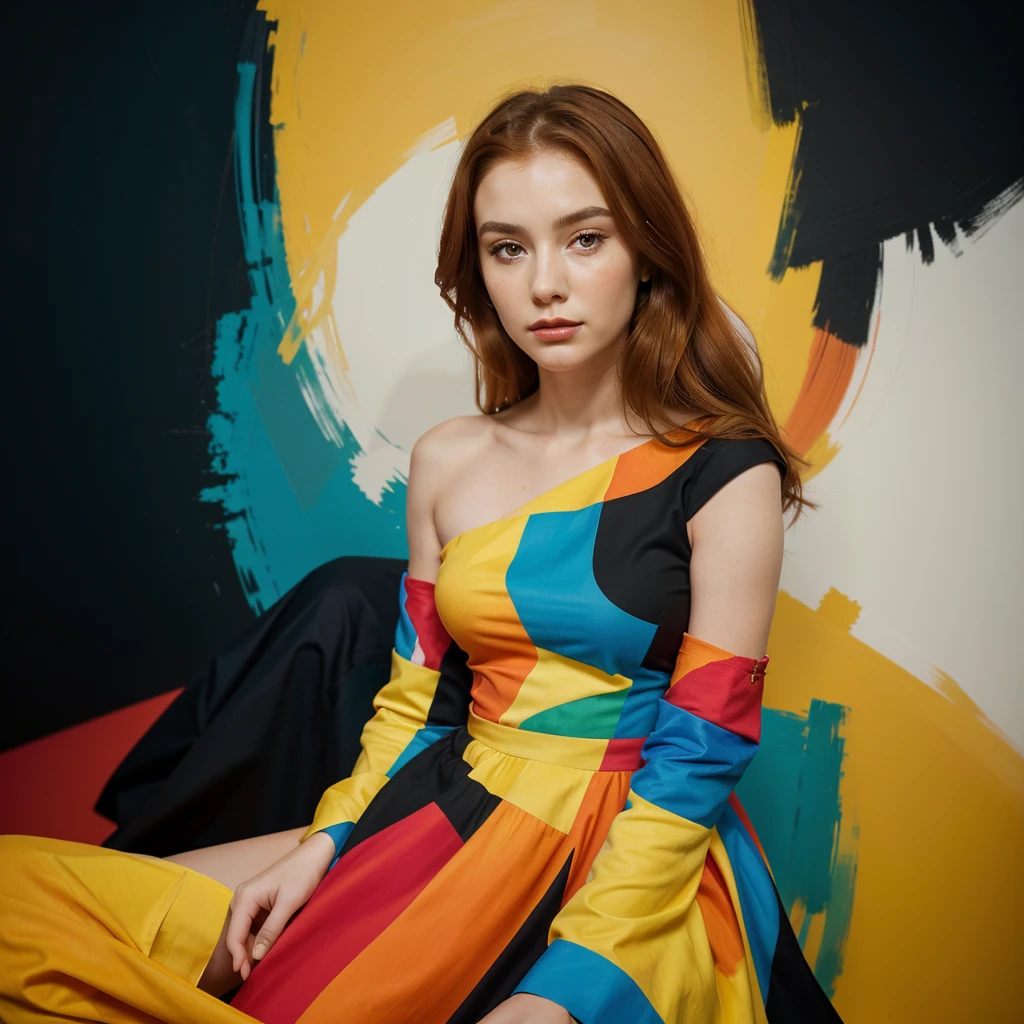 A panoramic photo featuring a woman sitting in front of a colorful, abstract background. She has shoulder-length, slightly wavy, bright orange hair that falls over her shoulders. Her face is delicate and even, with perfectly applied eye makeup and red lips. She looks directly at the camera with a pensive expression. The woman is wearing a striking, colorful dress in the style of abstract expressionism. The dress is made up of geometric shapes in bold colors like yellow, red, blue, and black. The dress has long sleeves and appears to reach her knees. Her left hand supports her face while her right arm rests loosely on her lap. The background consists of large abstract color fields in similar colors to the dress. These color fields are irregularly shaped and resemble a large-scale painting. The colors in the background harmonize with those of the dress, creating a visual connection between the woman and the background. The lighting in the image is soft and even, highlighting the woman.