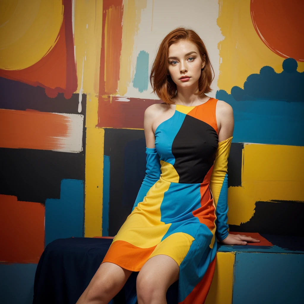 A panoramic photo featuring a woman sitting in front of a colorful, abstract background. She has shoulder-length, slightly wavy, bright orange hair that falls over her shoulders. Her face is delicate and even, with perfectly applied eye makeup and red lips. She looks directly at the camera with a pensive expression. The woman is wearing a striking, colorful dress in the style of abstract expressionism. The dress is made up of geometric shapes in bold colors like yellow, red, blue, and black. The dress has long sleeves and appears to reach her knees. Her left hand supports her face while her right arm rests loosely on her lap. The background consists of large abstract color fields in similar colors to the dress. These color fields are irregularly shaped and resemble a large-scale painting. The colors in the background harmonize with those of the dress, creating a visual connection between the woman and the background. The lighting in the image is soft and even, highlighting the woman.