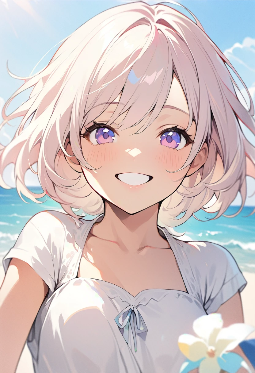 (high quality illustration:1.ung woman too:1.0)、(single:1.0)、(Clothes with new designs:1.0)、(Clothes designed like the characters in the game:1.0)、(upper body:1.0) 、high resolution、4K:1.0)、light cream colored hair、white casual summer dress,young girl, smiling warmly