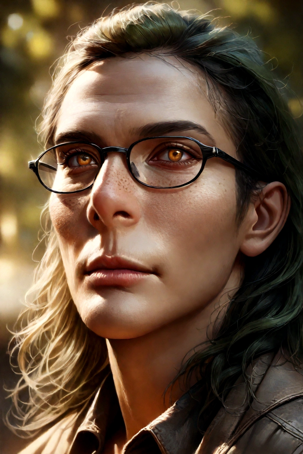 A boy with yellow eyes wearing glasses, green hair, freckles, and a ๐๐๐๐๐ข expression, ๐๐ 12 anฬos
(best quality,4k,8k,highres,masterpiece:1.2),ultra-detailed,(realistic,photorealistic,photo-๐๐๐๐๐:1.37),boy with beautiful detailed eyes,beautiful detailed lips,extremely detailed eyes and face,long eyelashes,green hair,freckles,๐๐๐๐๐ข expression,glasses,peach,outdoor setting