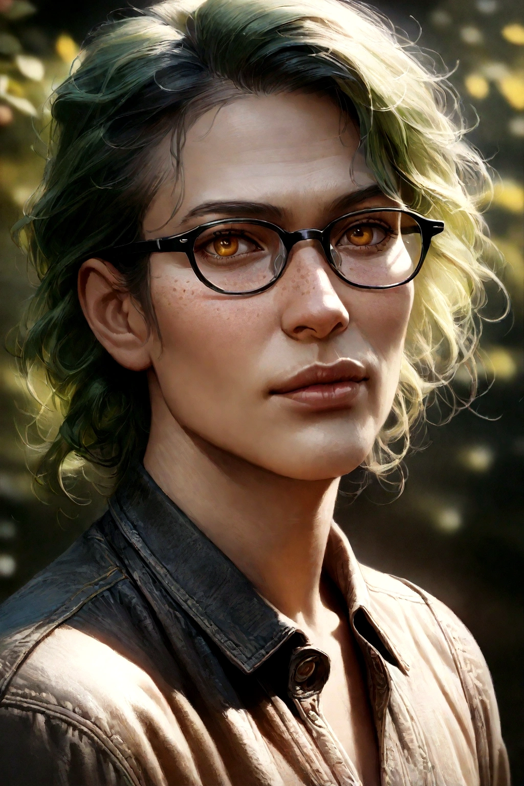 A boy with yellow eyes wearing glasses, green hair, freckles, and a 𝚑𝚊𝚙𝚙𝚢 expression, 𝚍𝚎 12 años

(best quality,4k,8k,highres,masterpiece:1.2),ultra-detailed,(realistic,photorealistic,photo-𝚊𝚗𝚒𝚖𝚎:1.37),boy with beautiful detailed eyes,beautiful detailed lips,extremely detailed eyes and face,long eyelashes,green hair,freckles,𝚑𝚊𝚙𝚙𝚢 expression,glasses,peach,outdoor setting