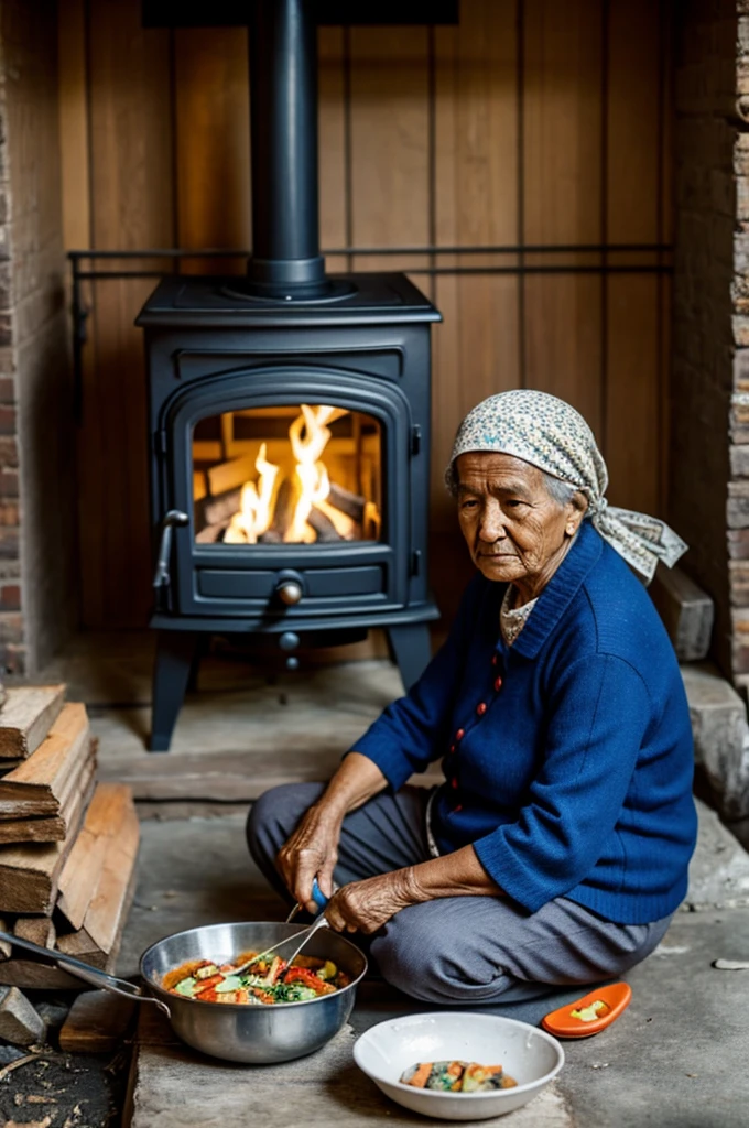 An old grandmother sits and cooks food in front of the wood-burning stove.