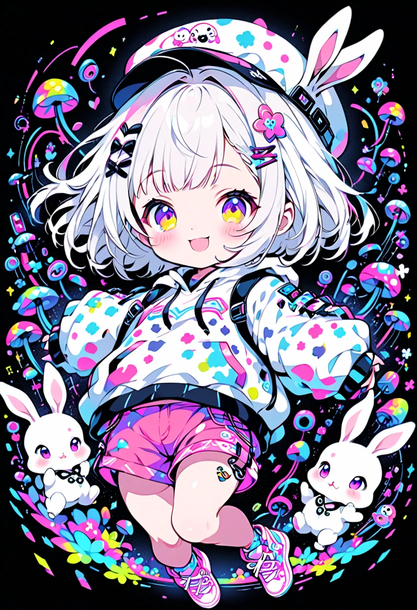 Cyberpunk meets psychedelic PopCG
illustrations,A cute Chibi Style girl and a cute white rabbit playing happily,GirlsTen Age With white short hair,The short hair grows in colorful spots,She has a very cute face and is adorable.Wearing a cap with a pop illustration,The outerwear is mainly white.A cute, pop and colorful oversized hoodie,With pink shorts Wear colorful sneakers, a very cute smile,The rabbit is a cute white slightly chubby rabbit.Give the girl a cute smile,A fantastical cyberspace reminiscent of cyberpunk.Psychedelic and pop colours A cute flower field background、The girl and the rabbit are jumping around and playing dynamically.(High quality, high definition, masterpiece, best quality, :16k).Ultra detail, vivid colors,