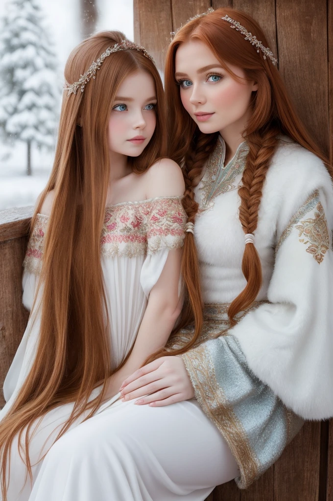 A gorgeous, pretty, shiny, kind-hearted, warm-hearted, sweet, polite, sensitive, friendly, charming, graceful, stylish, classy, alluring, majestic, ethereal, angelical ginger long haired russian woman dressed in traditional folk winter costumes. She's with a  cute girl.