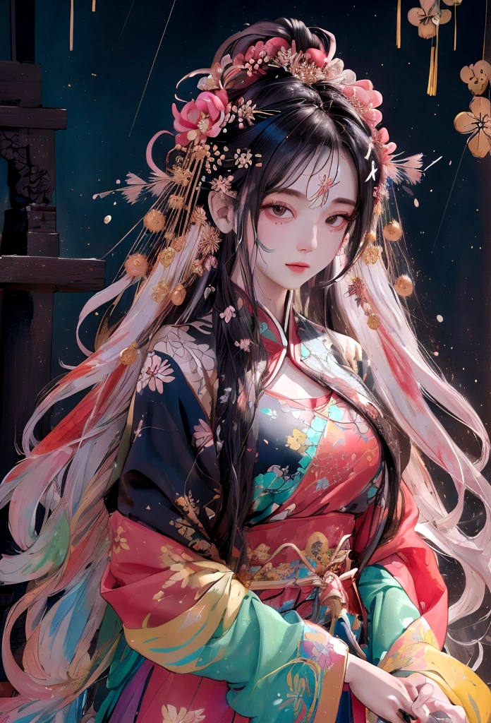 (8K, RAW Photos:1.2),Highest quality, Ultra-high resolution,Elevation,(Finely scattered splashes of color), (figure),(((1 Girl))),(Long Hair),(rain:0.9),(hair ornaments:1.4),Next to the girl is an ancient palace,Chinese clothing,(I focus),  ink painting,(Color splashes),colorful splashing,(((colorful))),(sketch:0.8), masterpiece,Highest quality, Beautifully drawn,very detailed,(Noise Reduction:0.6),[Splash Ink],((Ink Refraction)), (美しくdetailedな空),moon,very,detailed,(masterpiece, Highest quality, verydetailedな CG ユニティ 8K 壁紙,masterpiece, Highest quality, 超detailed),(Shining Licorice),