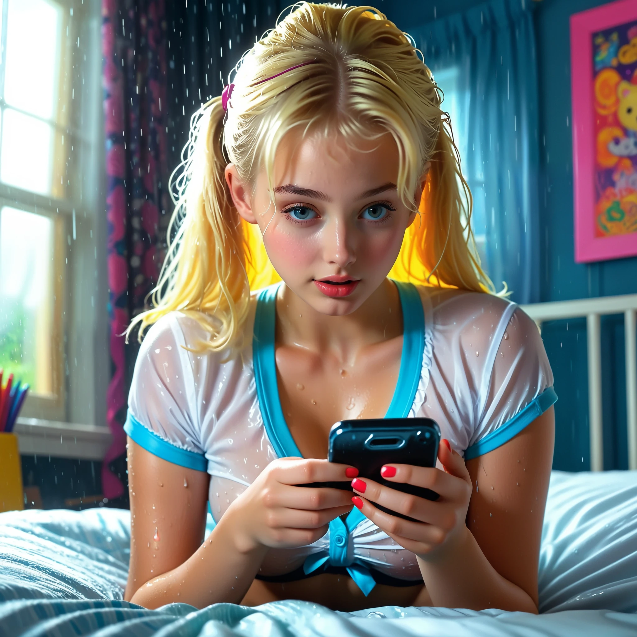 naughty  girl at home alone, in wet underwear, blonde hair, looking at porn on her phone, very detailed, volumetric lighting, lurid vivid colors, garnish atmosphere, HD, 8x, retro, vintage