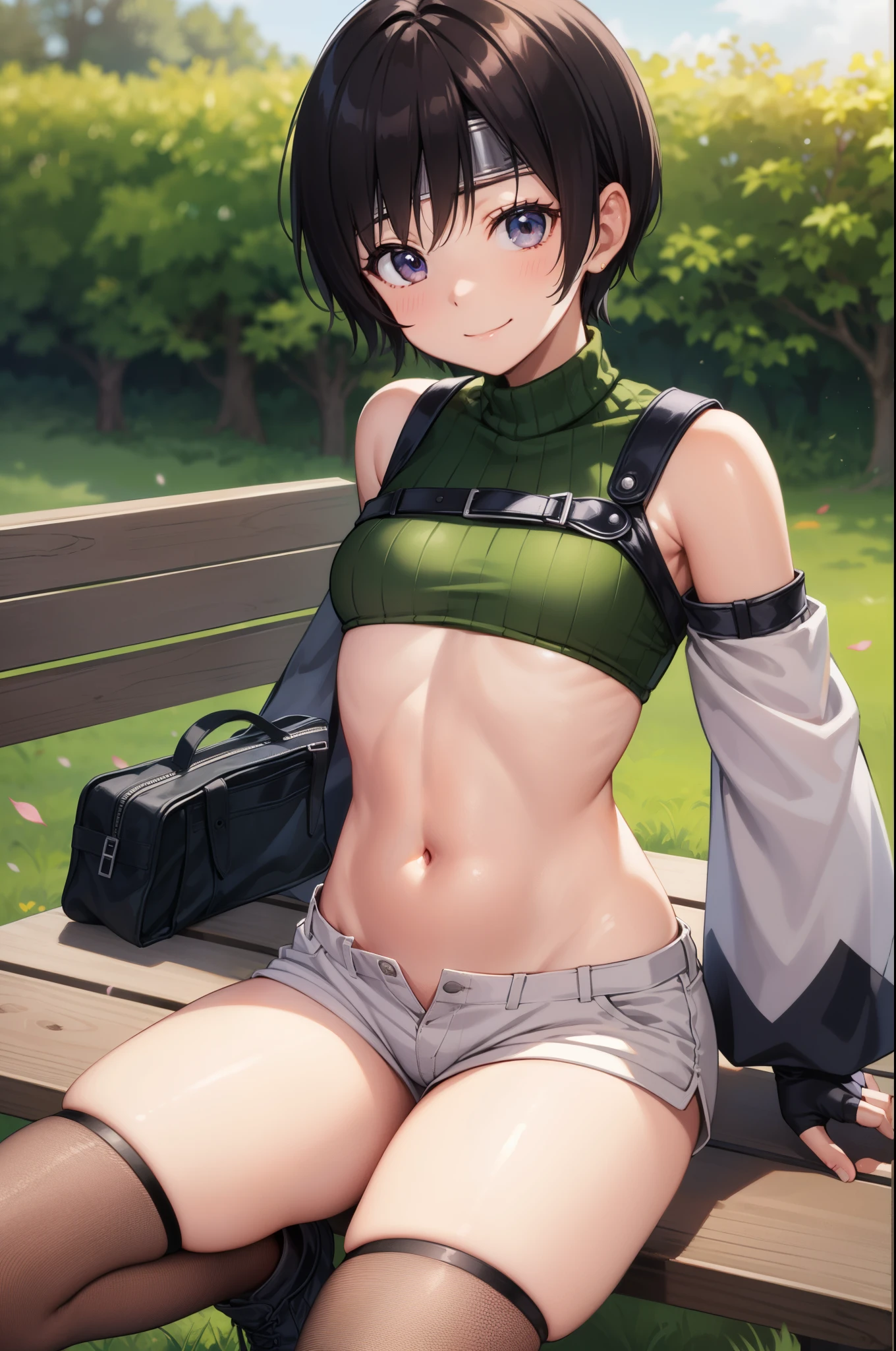 yuffiekisaragi, Yuffie Kisaragi,Haircuts, pixie cut,
壊す crop top, fingerless gloves, fishnet Thighhighs, fishnet, forehead protector, gloves, head band, belly button, short shorts, shorts, single sleeve, single thigh high, No sleeve, No sleeve turtleneck, Thighhighs, turtleneck,
bench、blue sky、smile, solo