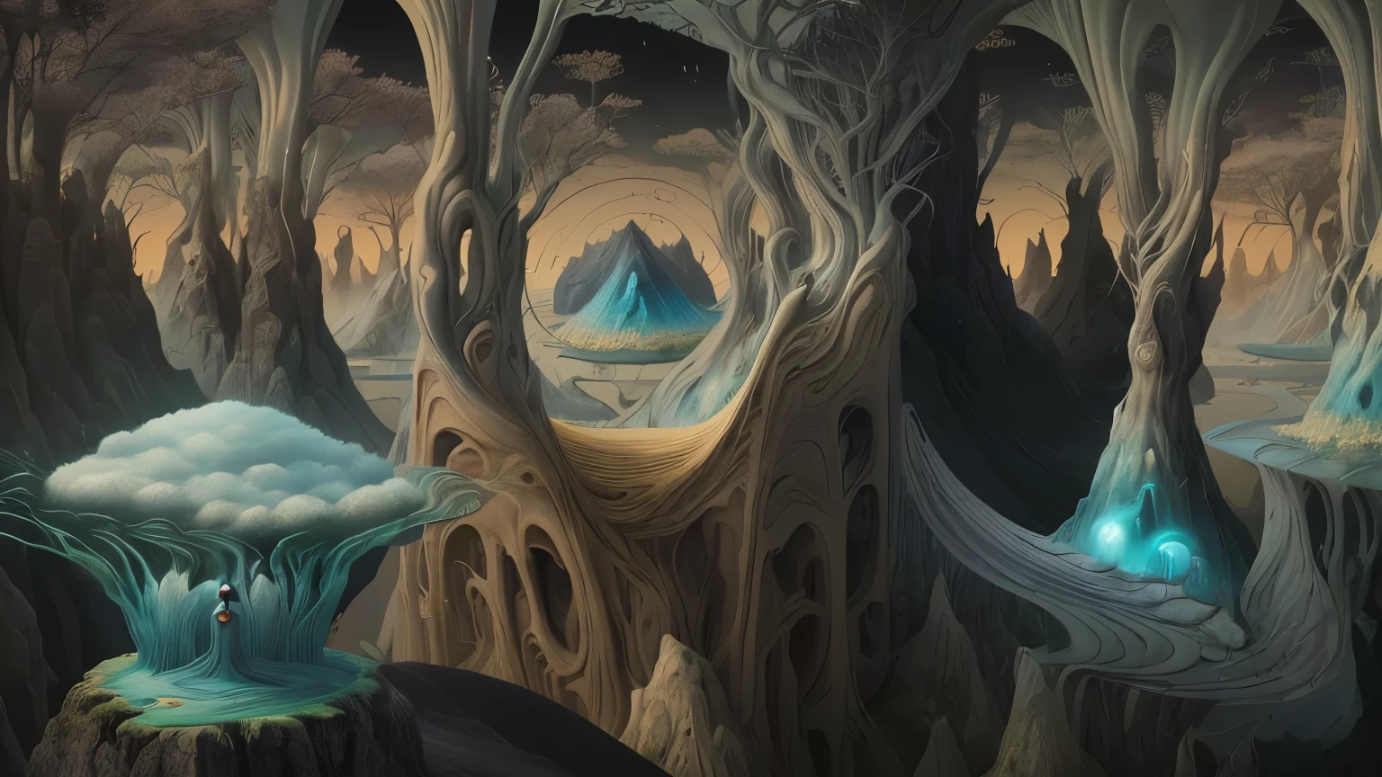 超Reality主義, 傑羅尼rice斯·博斯, Very sharp,新超Reality主義, whimsical art, , fantasy, magic realism, Strange Art, 流行超Reality主義,There is a surreal painting,Surreal dream landscape, a Surreal dream landscape, 超Reality的夢境, 4K超Reality主義, Surreal landscape, 超Reality背景, hyperrealistic art, Surreal dream landscape, 超Reality場景, 新超Reality主義. The Art of Mathematics, surreal The Art of Mathematics, surrealistic The Art of Mathematicswork, Surreal landscape, 超Reality主義 of magical shapes,artstyle bse A fascinating blend of artistic influences, this illustration combines the 超Reality主義 of Salvador Dal, the intricate Symbolic meaning of (耶罗尼rice斯·博斯), the dreamlike landscapes of Yves Tangie, the mind-bending perspectives of rice.c. Escher, and (((Ethereal Beauty of Anna Dittman))). Work unfolds in chaos, Fusion of Dahl's Melted Form, Bosch's Fantastic Creatures, Tangie's otherworldly landscape, Escher's impossible geometries, and Dittmann'Exquisite characters. The final product is a fascinating and mysterious work of art.,Bringing the audience into a realm where reality and imagination are intertwined. (painting), (fine lines), (fine details) (traditional canvas), (丰富的纹理and色彩深度), 超Reality主義, Symbolic meaning, Fantastic scenery, ((Ethereal Beauty)), (salvador dali style, 耶罗尼rice斯·博斯, Yves Tangie, rice.c. Escher, and安娜·迪特曼), (Carmine), (indigo), (Sand color), (bright colors), best quality, masterpiece, Ultra-high resolution, (Reality:1.4), original photo, sharp focus, high dynamic range, 壯觀的鐘乳石cave景觀, cave, cave系統, spongy, 在一个广阔的cave内, 神奇的cave,地下cave, 在一个巨大的cave内, 全部在一個巨大的cave內, cave環境, ancient cavemasterpiece, best quality, (極為細緻的cG統一8k壁紙), (best quality), (Best illustration), (The best shadow), Ridiculous, Realistic lighting, (abyss), Beautiful and detailed light, Petermore's artwork,(dark), giant dark cave wall interveined with emeralds and gold, Intricate details, Natural stone, movie lighting, Film shooting, film grain, sharp focus, dark atmosphere,digital photography, 一個黑暗幽靜的cave,Illuminated by magical luminous stalactites, bioluminescence, The cave is filled with black mist, Fantasy Landscape, sharp focus, Very detailed, Dim Lights, 鐘乳石cave,hidden sublime beauty,Pristine and otherworldly landscape,hidden sublime beauty,hidden sublime beauty,雄伟的地下cave,奇妙的形狀and紋理,闪闪发光的石筍and钟乳石,隱藏的凹處and狹窄的通道,