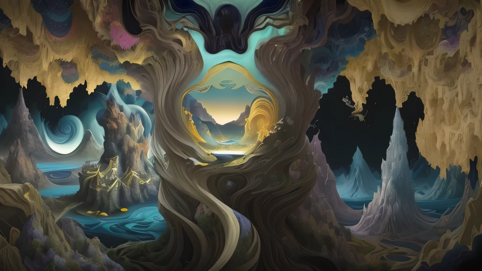 超Reality主義, 傑羅尼rice斯·博斯, Very sharp,新超Reality主義, whimsical art, , fantasy, magic realism, Strange Art, 流行超Reality主義,There is a surreal painting,Surreal dream landscape, a Surreal dream landscape, 超Reality的夢境, 4K超Reality主義, Surreal landscape, 超Reality背景, hyperrealistic art, Surreal dream landscape, 超Reality場景, 新超Reality主義. The Art of Mathematics, surreal The Art of Mathematics, surrealistic The Art of Mathematicswork, Surreal landscape, 超Reality主義 of magical shapes,artstyle bse A fascinating blend of artistic influences, this illustration combines the 超Reality主義 of Salvador Dal, the intricate Symbolic meaning of (耶罗尼rice斯·博斯), the dreamlike landscapes of Yves Tangie, the mind-bending perspectives of rice.c. Escher, and (((Ethereal Beauty of Anna Dittman))). Work unfolds in chaos, Fusion of Dahl's Melted Form, Bosch's Fantastic Creatures, Tangie's otherworldly landscape, Escher's impossible geometries, and Dittmann'Exquisite characters. The final product is a fascinating and mysterious work of art.,Bringing the audience into a realm where reality and imagination are intertwined. (painting), (fine lines), (fine details) (traditional canvas), (丰富的纹理and色彩深度), 超Reality主義, Symbolic meaning, Fantastic scenery, ((Ethereal Beauty)), (salvador dali style, 耶罗尼rice斯·博斯, Yves Tangie, rice.c. Escher, and安娜·迪特曼), (Carmine), (indigo), (Sand color), (bright colors), best quality, masterpiece, Ultra-high resolution, (Reality:1.4), original photo, sharp focus, high dynamic range, 壯觀的鐘乳石cave景觀, cave, cave系統, spongy, 在一个广阔的cave内, 神奇的cave,地下cave, 在一个巨大的cave内, 全部在一個巨大的cave內, cave環境, ancient cavemasterpiece, best quality, (極為細緻的cG統一8k壁紙), (best quality), (Best illustration), (The best shadow), Ridiculous, Realistic lighting, (abyss), Beautiful and detailed light, Petermore's artwork,(dark), giant dark cave wall interveined with emeralds and gold, Intricate details, Natural stone, movie lighting, Film shooting, film grain, sharp focus, dark atmosphere,digital photography, 一個黑暗幽靜的cave,Illuminated by magical luminous stalactites, bioluminescence, The cave is filled with black mist, Fantasy Landscape, sharp focus, Very detailed, Dim Lights, 鐘乳石cave,hidden sublime beauty,Pristine and otherworldly landscape,hidden sublime beauty,hidden sublime beauty,雄伟的地下cave,奇妙的形狀and紋理,闪闪发光的石筍and钟乳石,隱藏的凹處and狹窄的通道,