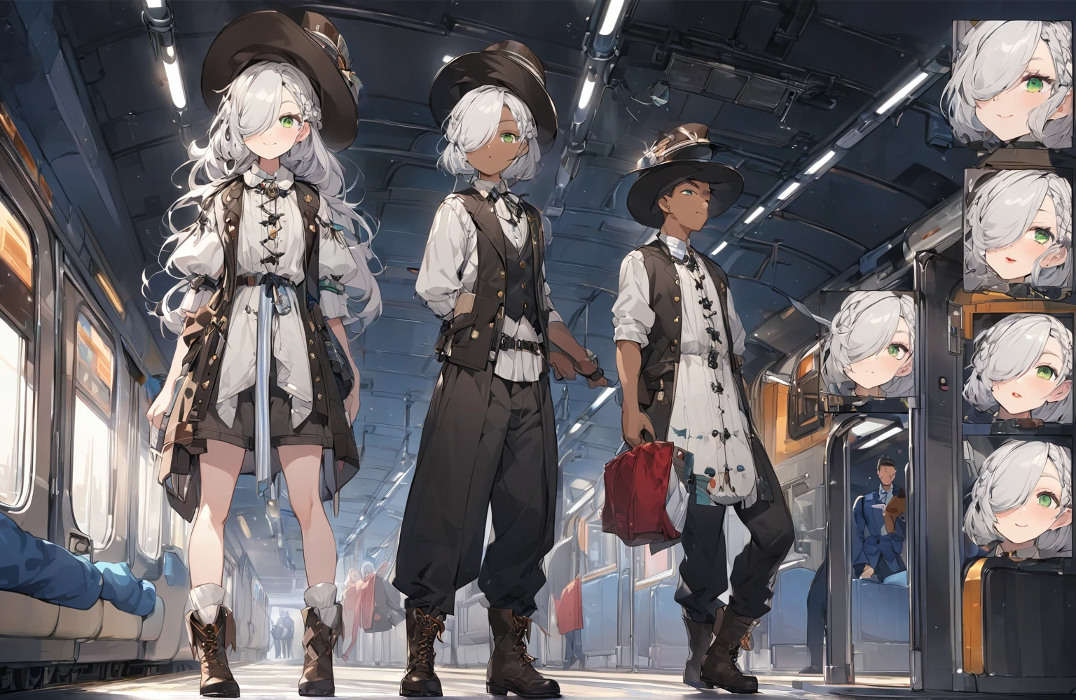 BREAK Perfect Anatomy、(High resolution:1.2)、Incredible illustrations、(Cute illustrations:1.2)、()(cinematic angle,ceiling,solo focus,) (Beautiful background)((costume setup materials) and (three views from front , back and side) and (reference sheet) and (to many pose)) 1girl(a (male focus,tom girl), 1.7meters, 45kg,,dark skin:2.5 ,green eyes,silver hair,hair over one eye,long french braid,lipstick:1.2)(light smile) (tyrolean hat,dark rail road man's coat,Vest jacket with lines,slacks,workman's boots) Conductor checking tickets inside the train