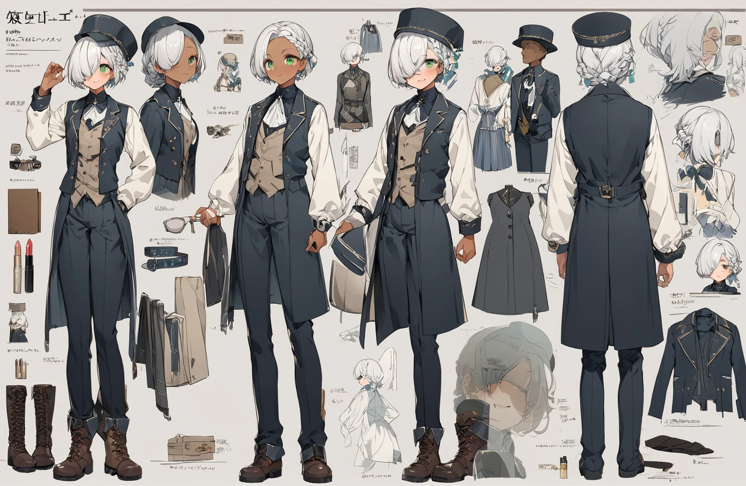 BREAK Perfect Anatomy、(High resolution:1.2)、Incredible illustrations、(Cute illustrations:1.2)、()(cinematic angle,ceiling,solo focus,) (Beautiful background)((costume setup materials) and (three views from front , back and side) and (reference sheet) and (to many pose)) 1girl(a (male focus,tom girl), 1.7meters, 45kg,,dark skin:2.5 ,green eyes,silver hair,hair over one eye,long french braid,lipstick:1.2)(light smile) (tyrolean hat,dark rail road man's coat,Vest jacket with lines,slacks,workman's boots) Conductor checking tickets inside the train
