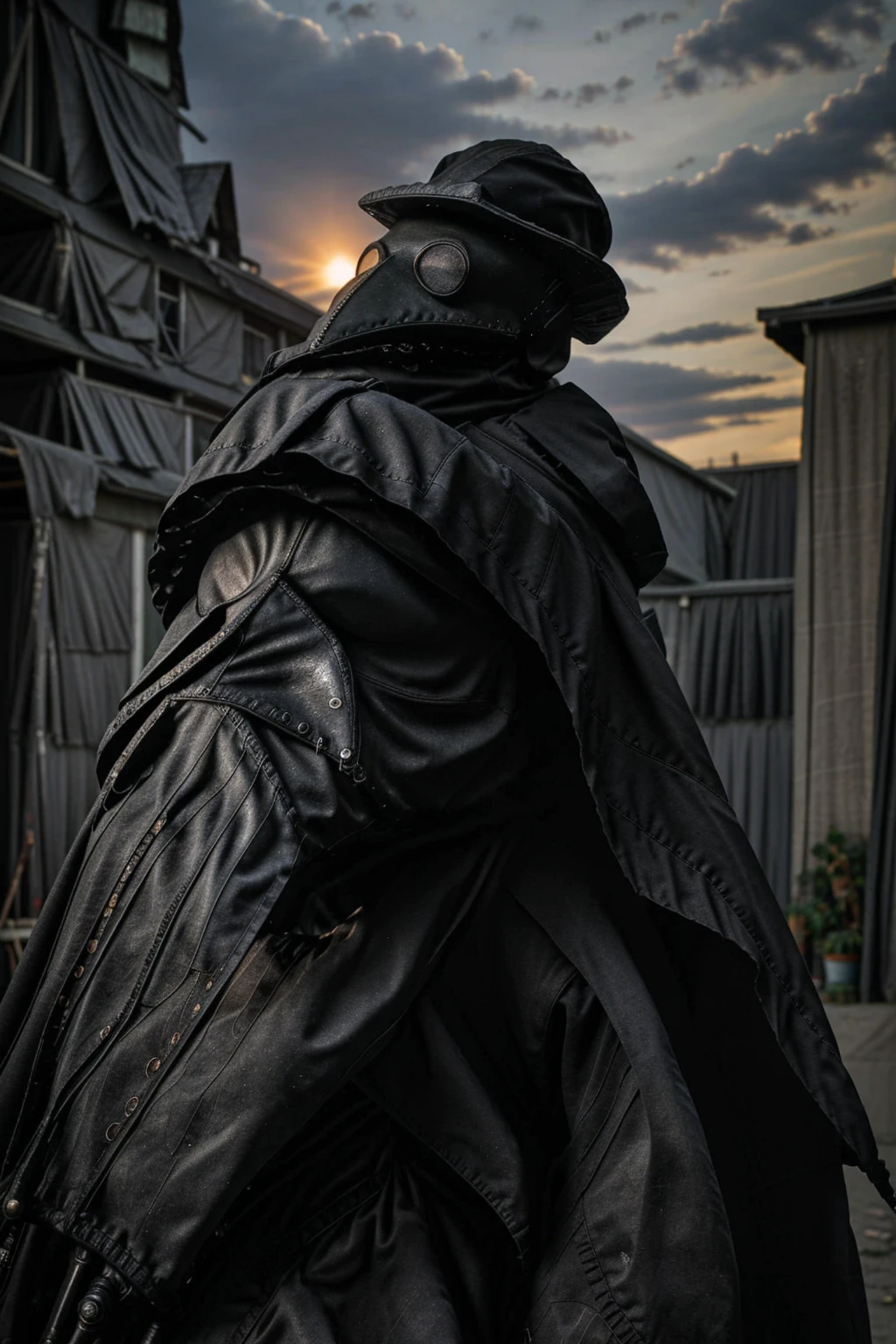 a man wearing modern military grade armor, gear belt full of gun magazines, a tattered hood over his head, wearing a plague doctor mask, a futuristic and hastily repaired semi-automatic rifle strapped over his back, a regular built body, wearing a messy black cloak, bandage wraps around his arms, in a dilapidated city, city profile, hyper-realistic, sunset, very detailed plague doctor mask over his face, standing amidst a sunset, cinematic side view, sunset in the background, bird-nosed plague doctor mask, beak-shaped mask