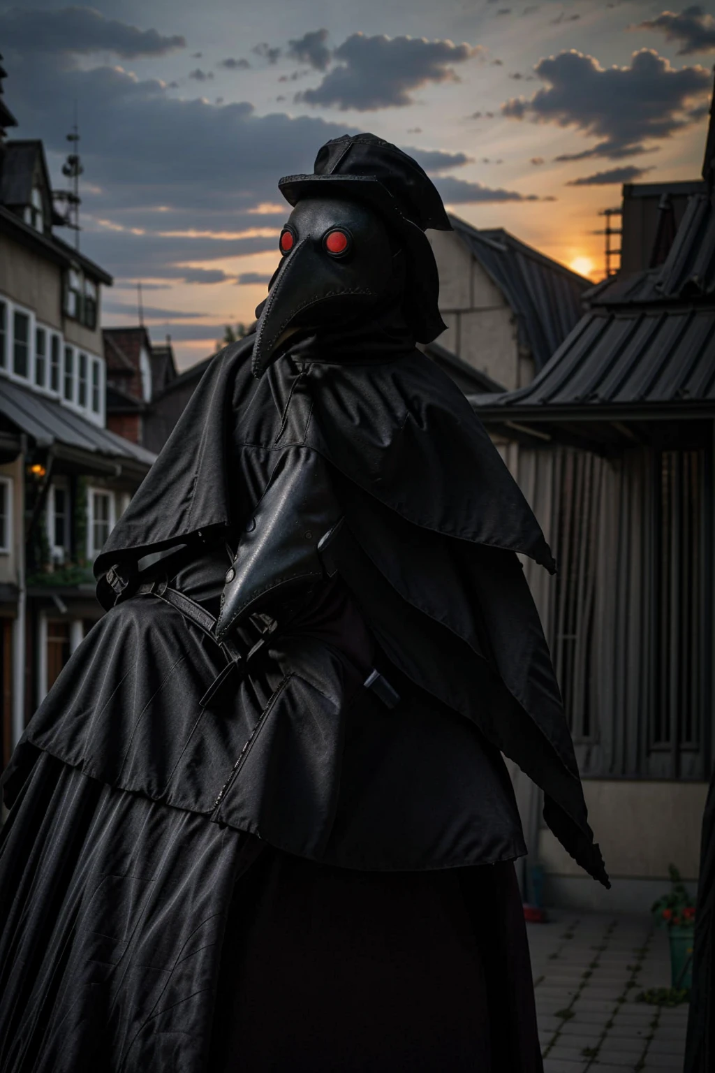 a man wearing modern military grade armor, gear belt full of gun magazines, a tattered hood over his head, wearing a plague doctor mask, a futuristic and hastily repaired semi-automatic rifle strapped over his back, a regular built body, wearing a messy black cloak, bandage wraps around his arms, in a dilapidated city, city profile, hyper-realistic, sunset, very detailed plague doctor mask over his face, standing amidst a sunset, cinematic side view, sunset in the background, bird-nosed plague doctor mask, beak-shaped mask