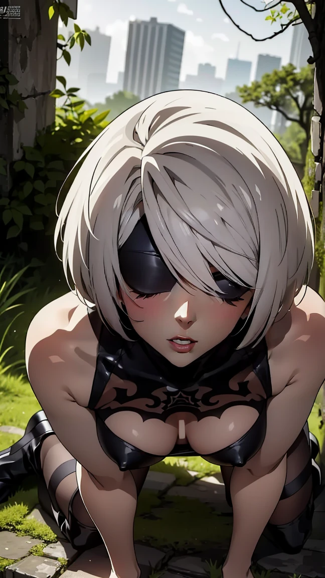 Portrait of a girl, лицо близко to the camera, face close up, лежит on the back, lying down, (((лежит on the back, the viewer looks at her from above))), POV view from above, view above it, embarrassed, (((Shows off the chest))), on the back, (very detailed eyes, pupils, Lips 1.1), blindfold, gloomy composition, gloomy background, the forest, ruins covered with moss, tall trees, nature, the lights of a sun, very detailed. very detailed eyes, grey-blue eyes, beautiful figure, ruin, ruined city, very detailed eyes, beautiful figure, Lucy from the anime series 1 girl, facing the viewer, beautiful figure (Correct anatomy 1.1.), full length (Full body 1.1), slim, a slim body, a slim body, slender legs, anime style, White hair, White hair, that disappear at the ends, bob haircut, Cutouts on the shoulders, Cutouts on the chest, Neckline at the waist, Black Stockings, Black short skirt, white panties, very detailed face, very beautiful face, very sexy, full length (Full body 1.1), маленькая elastic грудь, small ass, Красивая a slim body, Small buttocks, world, Femininity,chedevr,Best quality,very detailed,Visible to your feet, permission 8k, high sharpness, permission 8k, very detailed, 8k contract, professional lighting, photon mapping,physical rendering, perfect face, Detailed face and body, ray tracing, expressive look, Cinmatic worlding,elastic , Increased sexuality,
