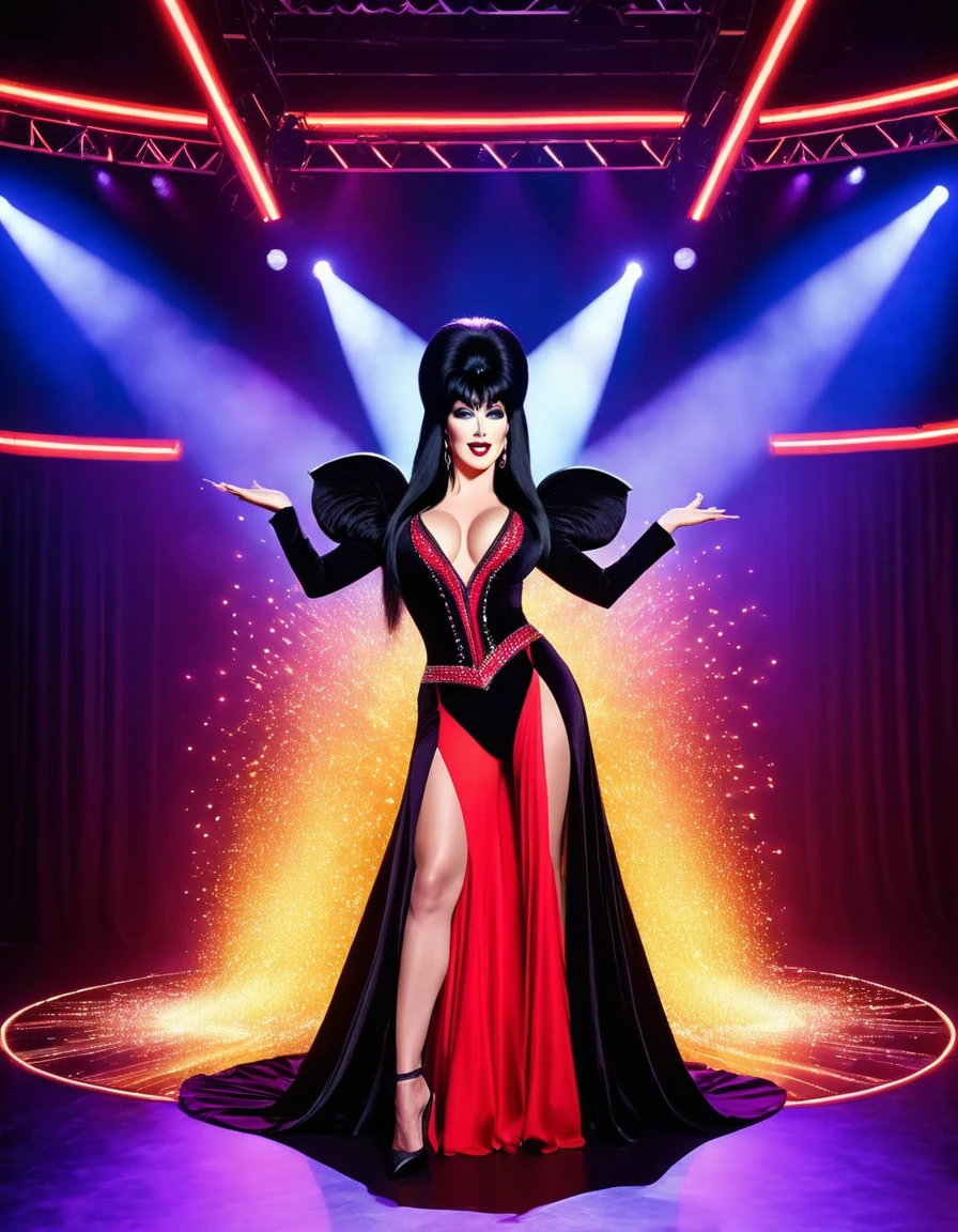 Create a vibrant and energetic image of Elvira performing on a virtual stage, with dynamic lighting and a modern twist. Ultra Realistic photo, vibrant colors, 16k
