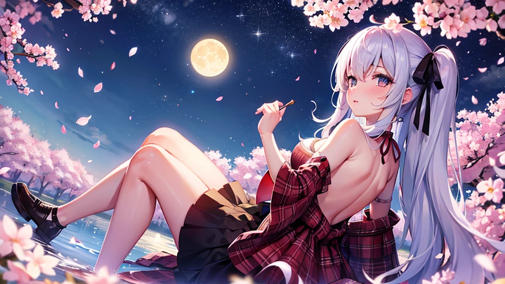 high resolution,girl,Cherry Blossoms at Night,Starry Sky,moon