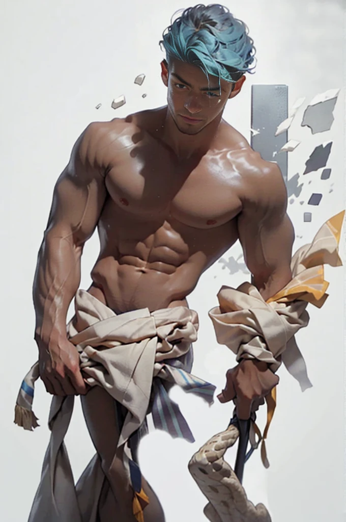 realist,(masterpiece,Alibaba quality,best quality,official art,beauty:1.2),He spoke in great detail,Fractal art,color,More detail,tangled,(Abstract Background:1.5)(1:1.3),Kamiaki,light blue hair,Short hair details,(Clear and bright eyes, Chest muscles,Abistis,(magic),Handsome nude man,((((topless,full body shot,nude, naked))))