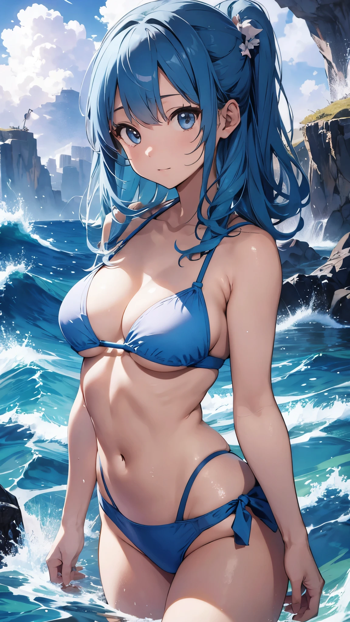 A girl with light blue hair drawn in high resolution Japanese anime style、whole body、Women in white bikinis taking photos on a deserted beach, model bikini, , Young and cute gravure idol, Posing together in bras, Russian and Japanese mix, sakimichan, Asian woman, Wear a swimsuit, that'that'that'that'that'that'that'that'that'that'that'that'that'that'that'that'that'that'that'that'that'It's hot with the shining sun, Japanese Model, Cute Core, sakimichan hdri, Young Gravure Idol, Chubby