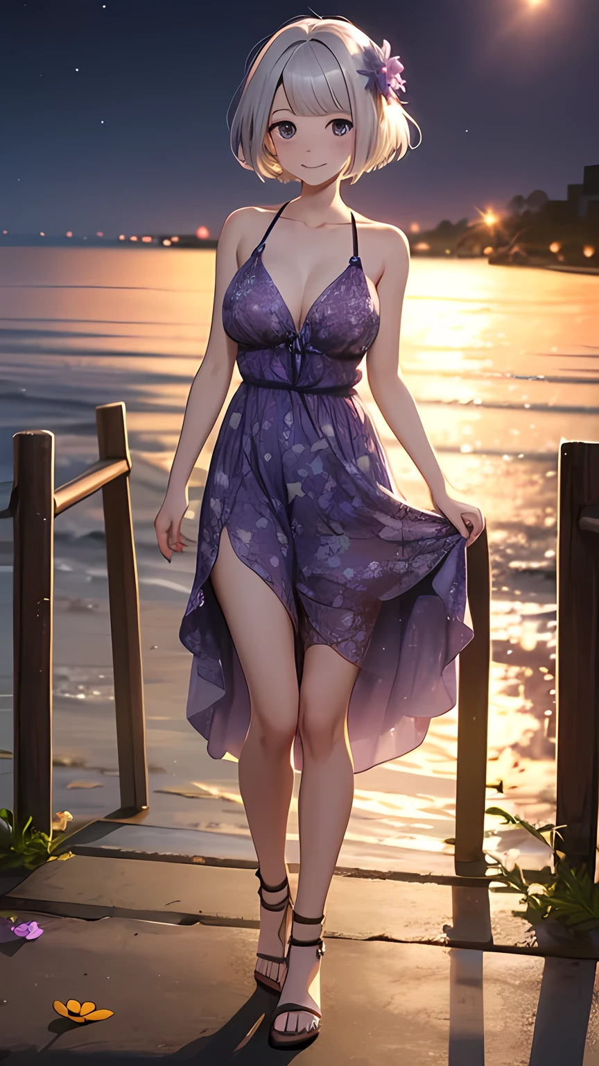 (((masterpiece))), ((best quality, Ultra high resolution)), beach, night, full body, 1girl, , expressive eyes, perfect face, mature woman, perfect hands, perfect fingers, perfect legs, (delicate illustration), silver eyes, beautiful eyes, bob cut, silver hair, (big breasts:0.9), happy, smile, embarrassed, BREAK (sheath-line, Maxi-length sundress), (lupine flower print), (sleeveless Maxi-length white sundress with purple lupine flower print), (plunking neckline, collarbone), (purple lupine flower print on Maxi-length dress), (sandals with heels),
