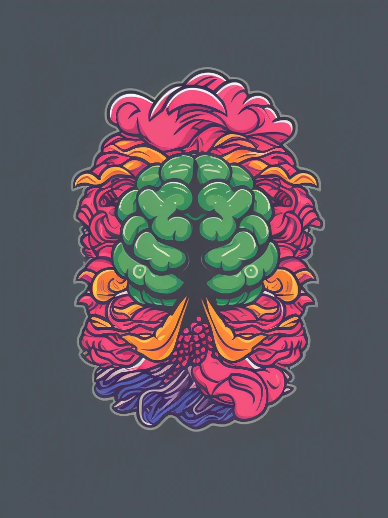 A detailed illustration of a brain, magical, literal, t-shirt design, bright dark colors, t-shirt design, pastel tetradic colors, 3D vector art, dark and quirky, fantasy art, Adobe Illustrator, hand-drawn, digital painting, low-poly, soft lighting, retro aesthetic, focused on the object, 4K resolution, photorealistic rendering, using Cinema 4D, isometric style