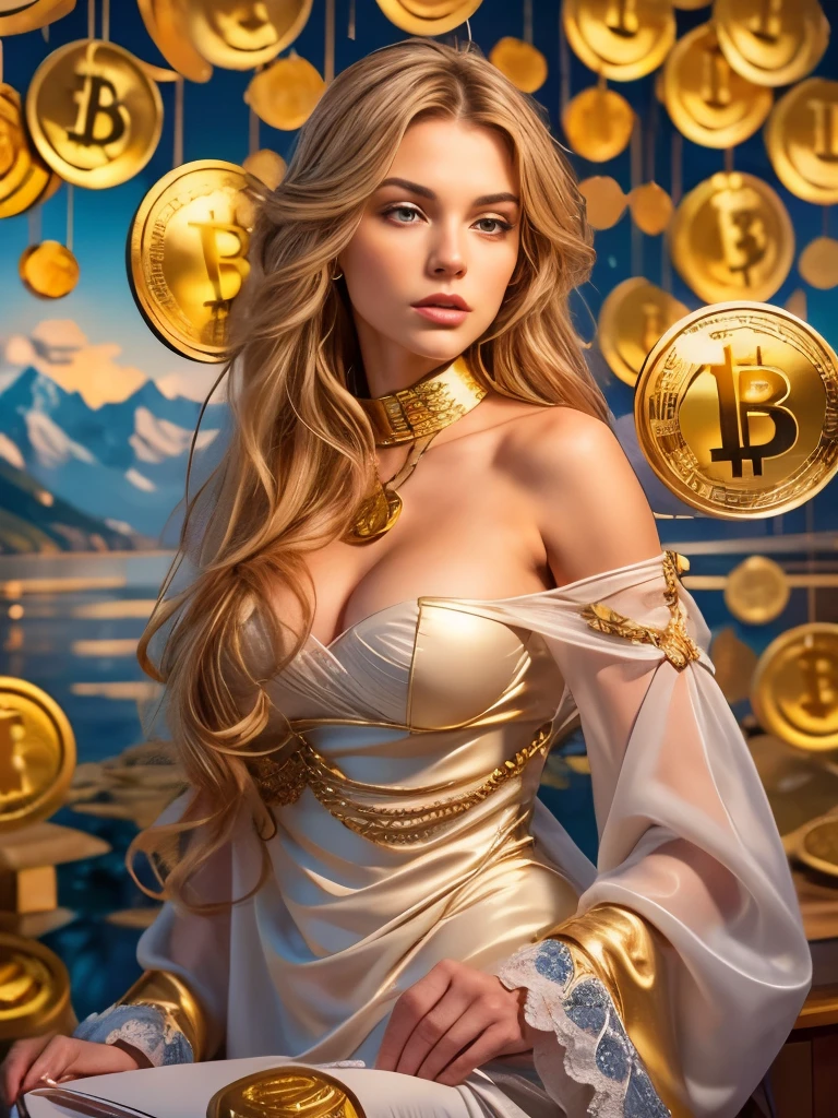 In a Bitcoin world, a beautiful young european woman. Age23. with stunning features, long flowing hair, and a captivating expression, wearing a low-cut dress that accentuates her large breasts and cleavage, set against a scenic landscape background with a magical, enchanting atmosphere (((filled with the imagery of bitcoins))), masterfully painted in a high quality, ultra detailed, 8k oil painting style.((bitcoin golden coins))