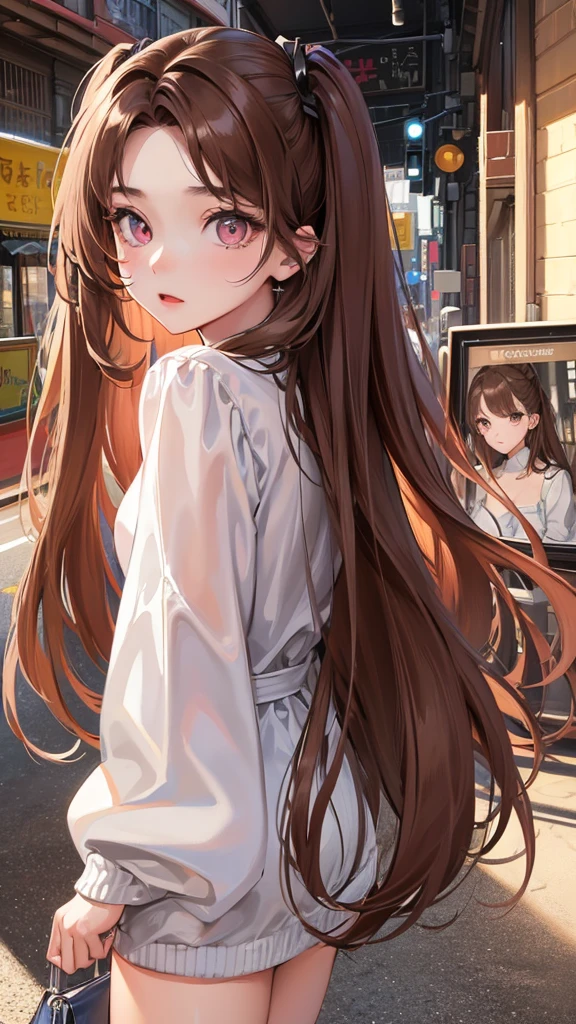 (highest resolution、different_picture)high-quality picture、female、Masterpiece、Highly detailed、semi-realistic、 pink eyes,  light brown hair , 18 years old、young people、Street outfit 、exquisite face、facial features、long straight hairstyle, Various formats, pictureเหมือน, white background, 