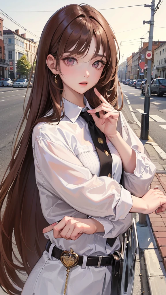 (highest resolution、different_picture)high-quality picture、female、Masterpiece、Highly detailed、semi-realistic、 pink eyes,  light brown hair , 18 years old、young people、Street outfit 、exquisite face、facial features、long straight hairstyle, Various formats, pictureเหมือน, white background, 