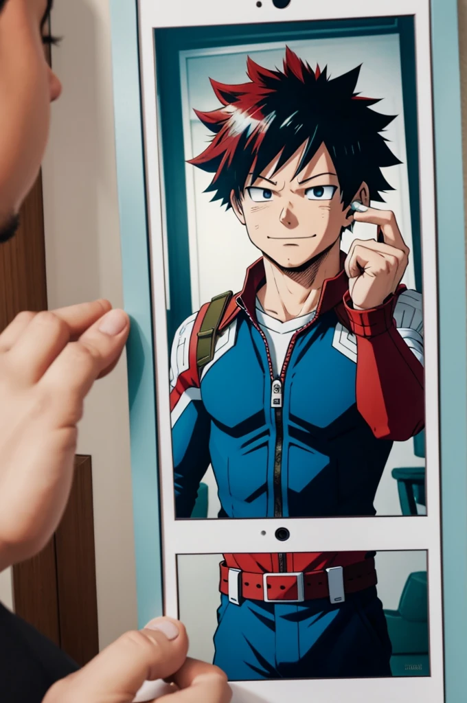 Panel de My hero academia a color, with the character Todoroki taking a photo in the mirror with his phone 