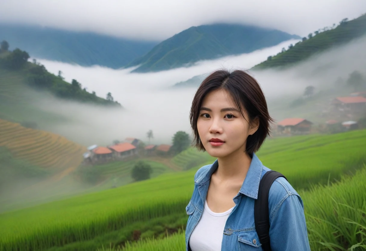 Beautiful Korean Woman, Chest size 34 inches, Wearing a busty and casual pants, Foggy scenery of Sapa, Vietnam, A terraced rice field is visible, short medium hair, Taken from a distance with a wide angle lens, Realistic living landscape, Front photo facing the camera, best picture quality, Short medium hair blowing in the wind, slight smiling, A thick fog obscures the front