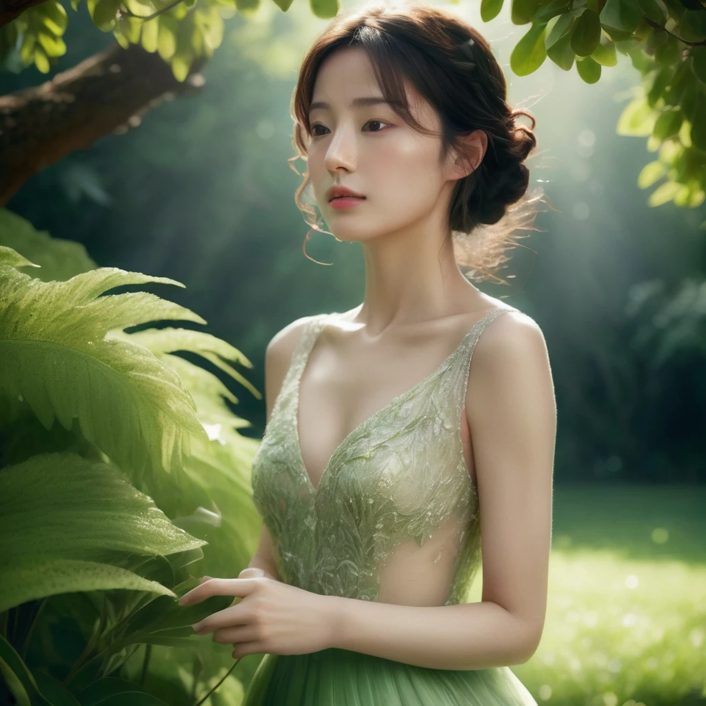 A stunningly detailed and cinematic portrait of a beautiful young woman wearing an exquisite, ethereal dress made of delicate orchid petals. The dress shimmers in the soft, dappled sunlight that filters through the lush green foliage, casting a warm, golden glow. In the background, there are branches laden with fresh cherries, and the shady environment is filled with large, vibrant green leaves. The volumetric lighting enhances the depth and detail of the scene, showcasing the intricate ornate details of the dress and the remarkable texture of the surrounding wildlife. This breathtaking 32k ultra-high-definition image captures the essence of a magical, enchanting forest., portrait photography, cinematic, wildlife photography
