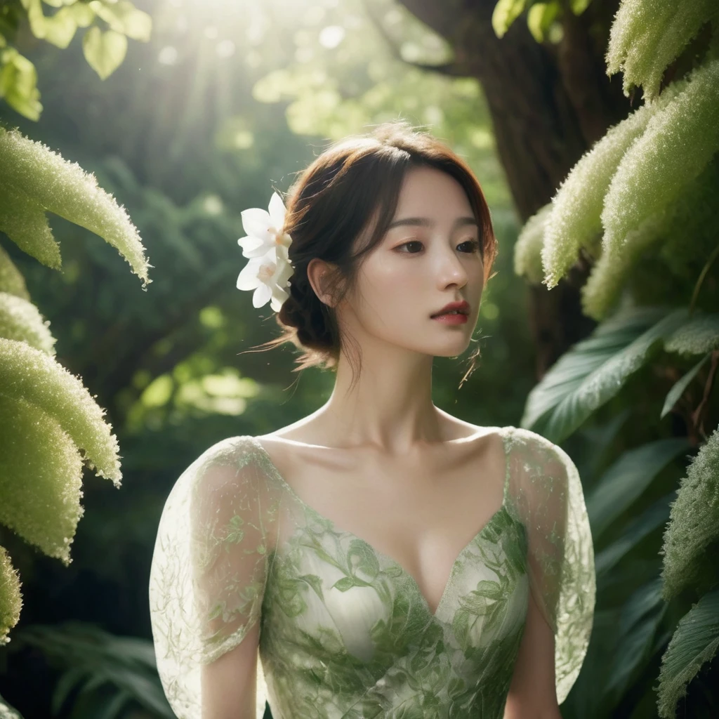 A stunningly detailed and cinematic portrait of a beautiful young woman wearing an exquisite, ethereal dress made of delicate orchid petals. The dress shimmers in the soft, dappled sunlight that filters through the lush green foliage, casting a warm, golden glow. In the background, there are branches laden with fresh cherries, and the shady environment is filled with large, vibrant green leaves. The volumetric lighting enhances the depth and detail of the scene, showcasing the intricate ornate details of the dress and the remarkable texture of the surrounding wildlife. This breathtaking 32k ultra-high-definition image captures the essence of a magical, enchanting forest., portrait photography, cinematic, wildlife photography
